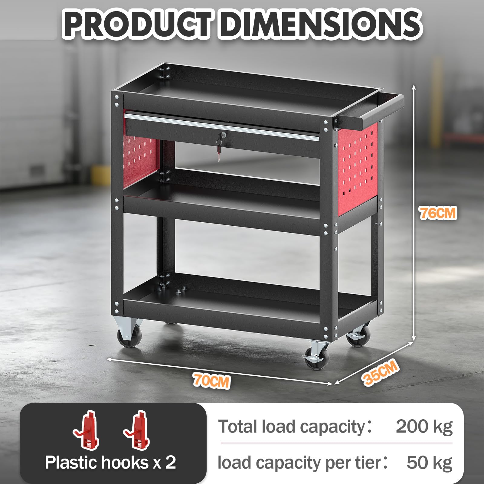 Verdego Werkzeugwagen mit Schublade, 3 Etagen, bis 200 kg, 70x35x76 cm