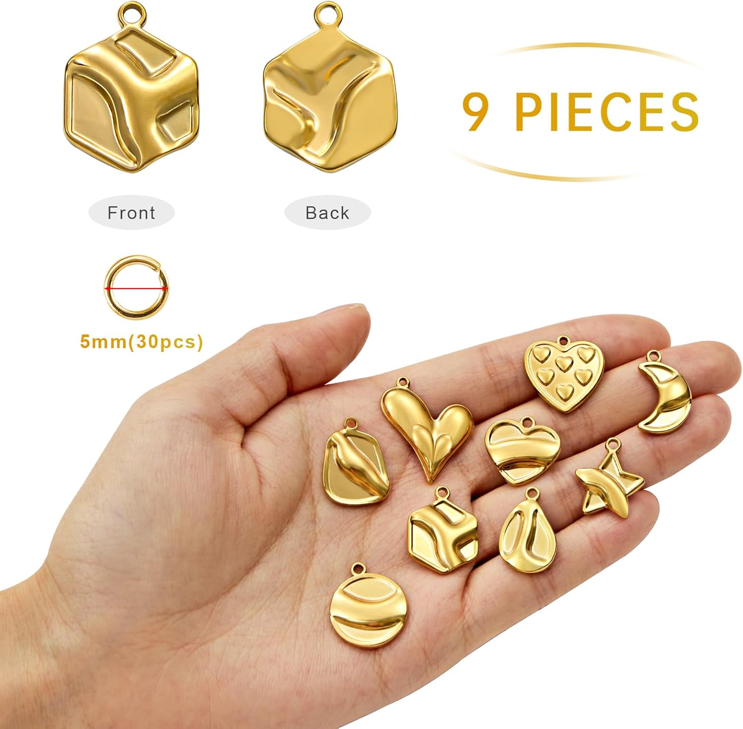 9PCS Stainless Steel Jewelry Charm Set Gold Plated Pendants Charms for Necklace Bracelet DIY Supplies - Image 2