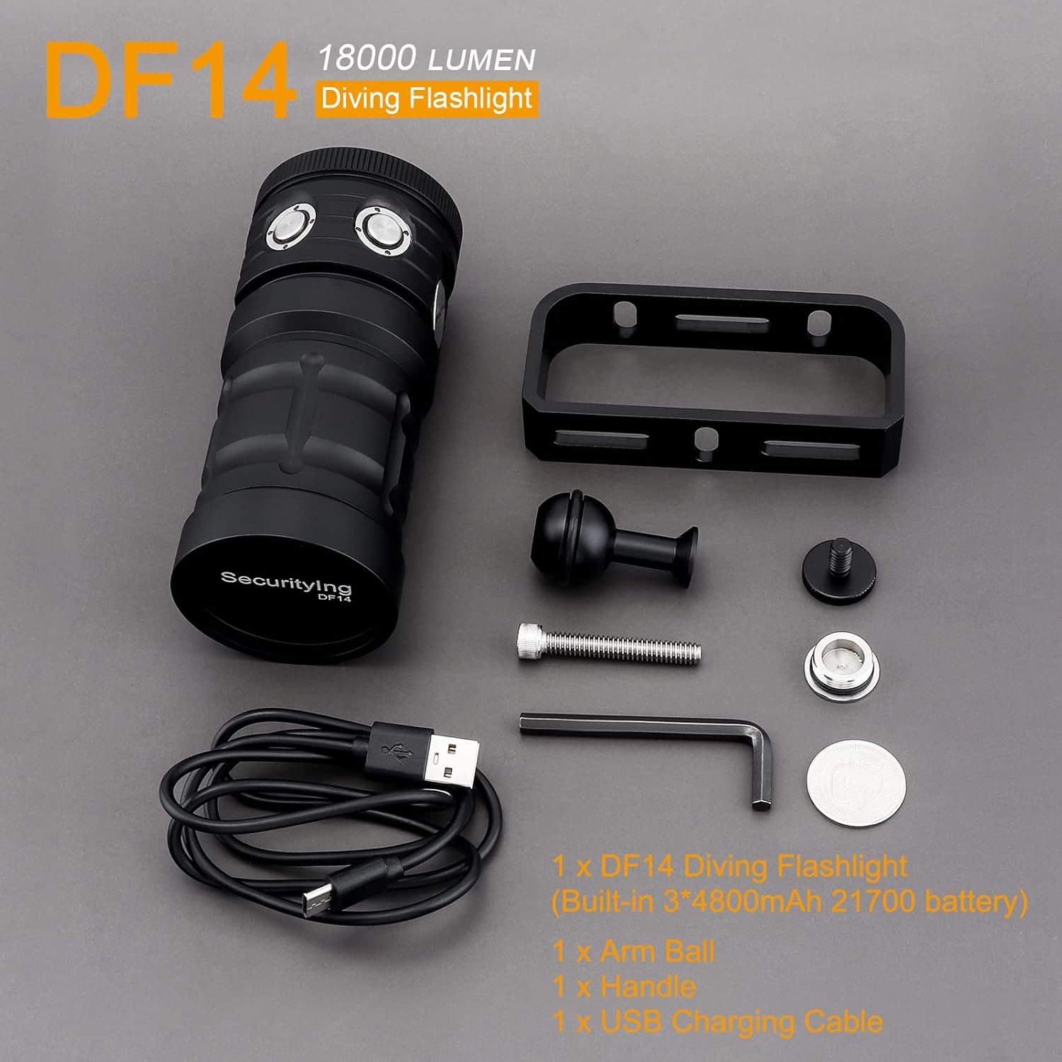 SecurityIng DF14 18000 Lumen Diving Flashlight, 100m Underwater Video Light, Rechargeable Underwater Flashlight for Diving/Underwater Photography/Underwater Sports Built-in Battery