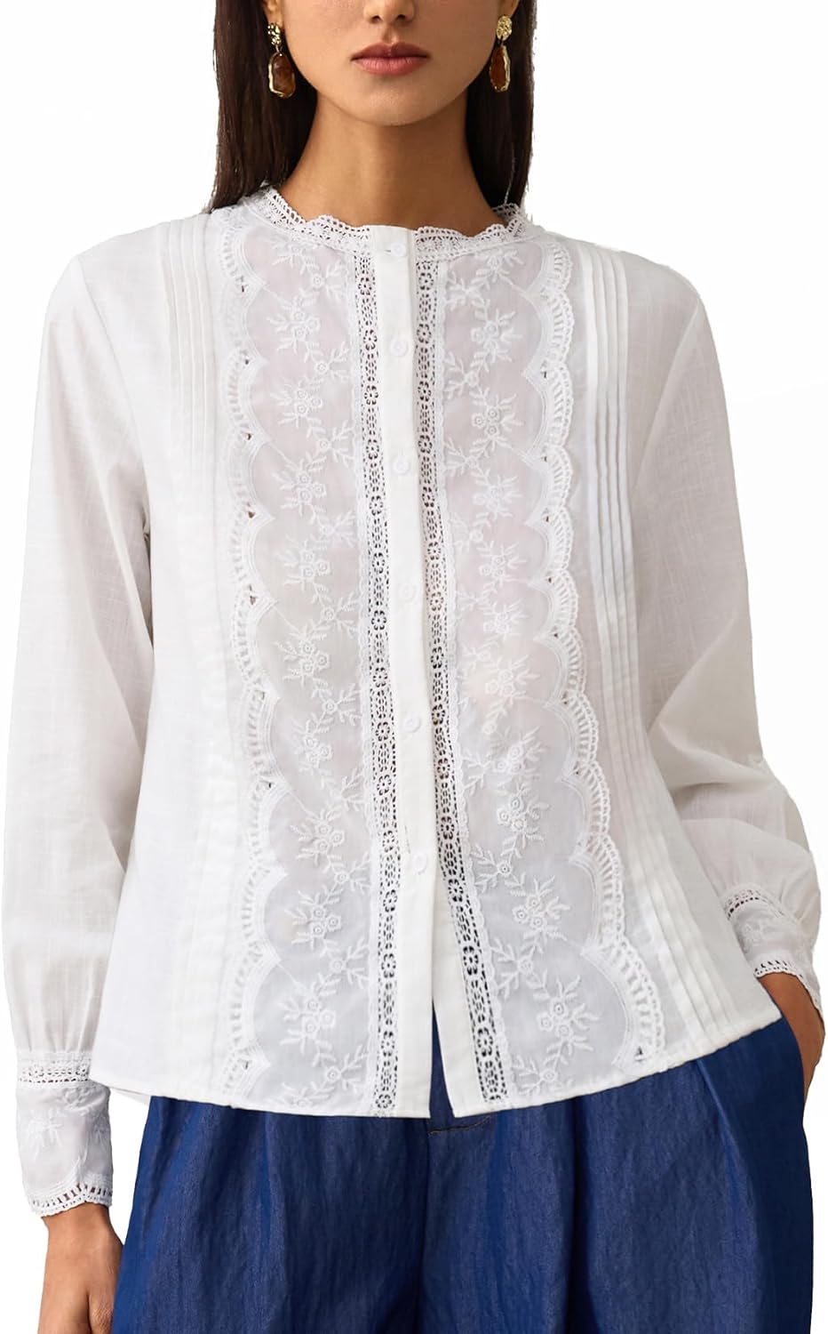 Women's Band Collar Lace Button Blouse 100% Cotton Shirt Long Sleeve Casual Top