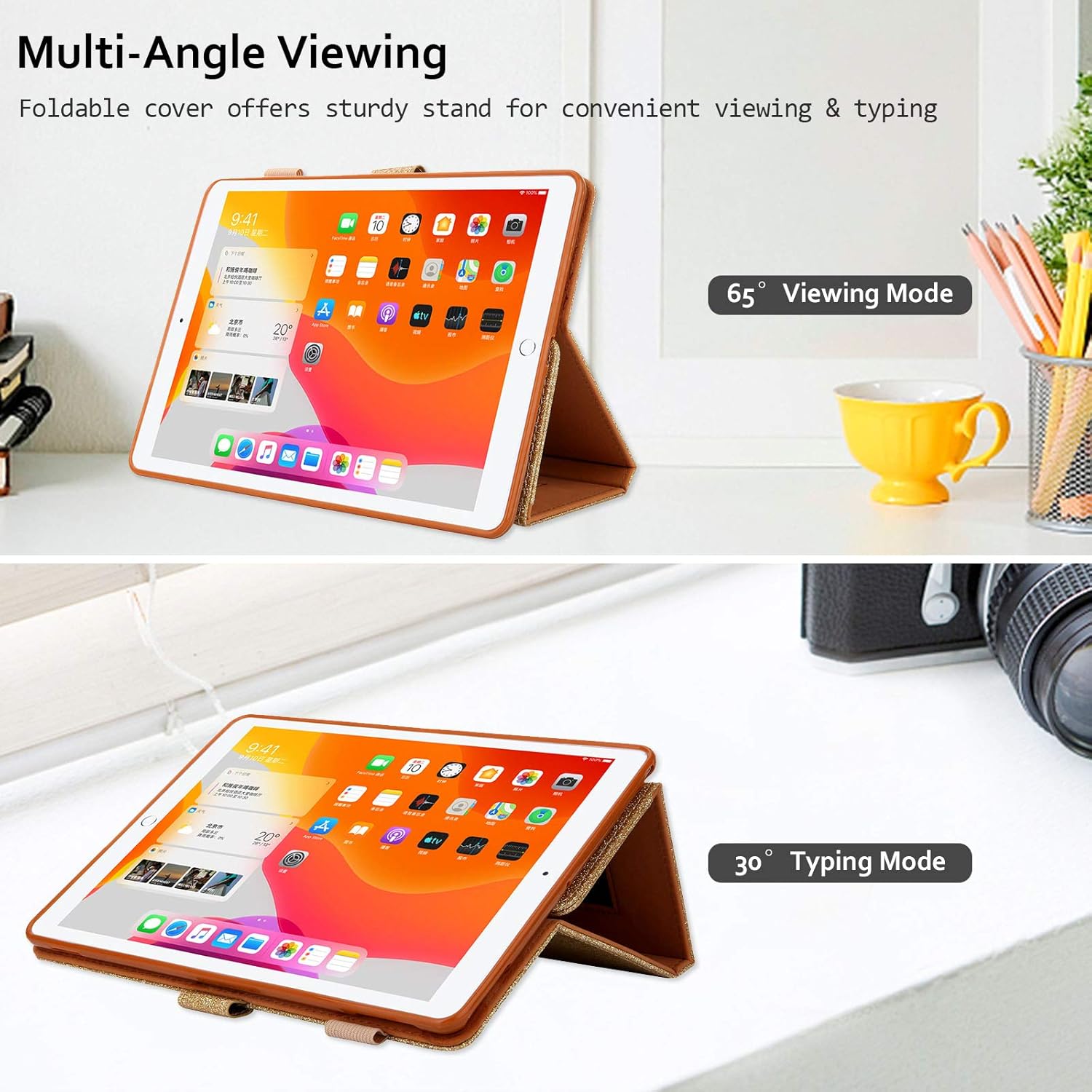 Glitter Case for iPad 6th/5th Generation, iPad Air 9.7-inch Case with Hand Strap, Techcircle Multi-Angle Stand PU Leather Smart Flip Protective Cover w/Pencil Holder+Card Slots, Wake/Sleep, Gold