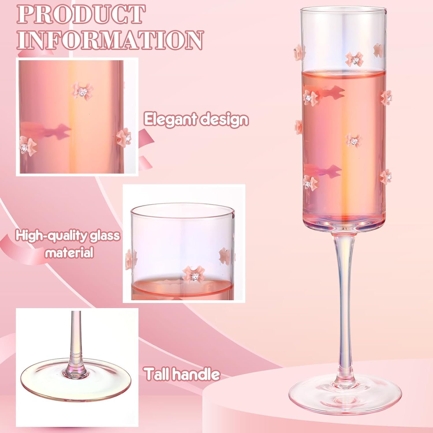 Hushee 2 Pcs Coquette Bow Wine Glasses Pink Coupe Bow Champagne Glasses 8.7 oz Delicate and Elegant Decorative Coquettish Container for Shower Weddings, Engagements, and Party Gifts