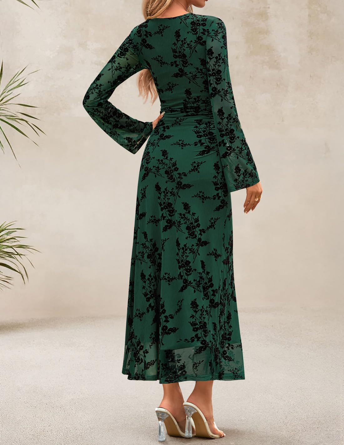 ZESICA Women's Long Sleeve Floral Bodycon Dress 2026 Spring Fall Ruched Mesh Wedding Guest Cocktail Party Maxi Dresses - Image 4