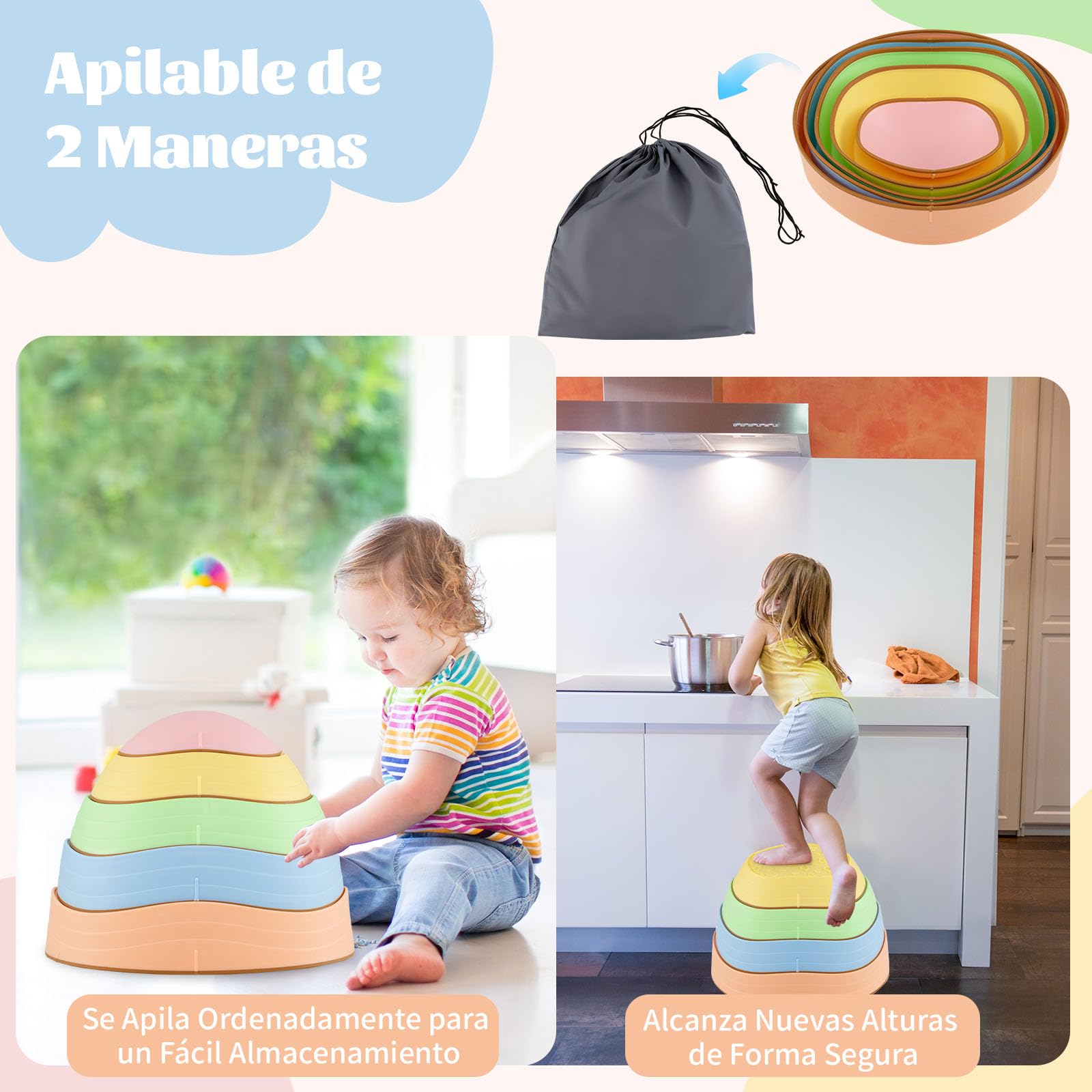 GOPLUS Piedras de Equilibrio para Niños, 5 Piezas de Juguetes Sensoriales Antideslizantes para Carrera de Obstáculos con Bolsa de Almacenamiento, Piedras de Equilibrio para 3+ Años (Macarons)