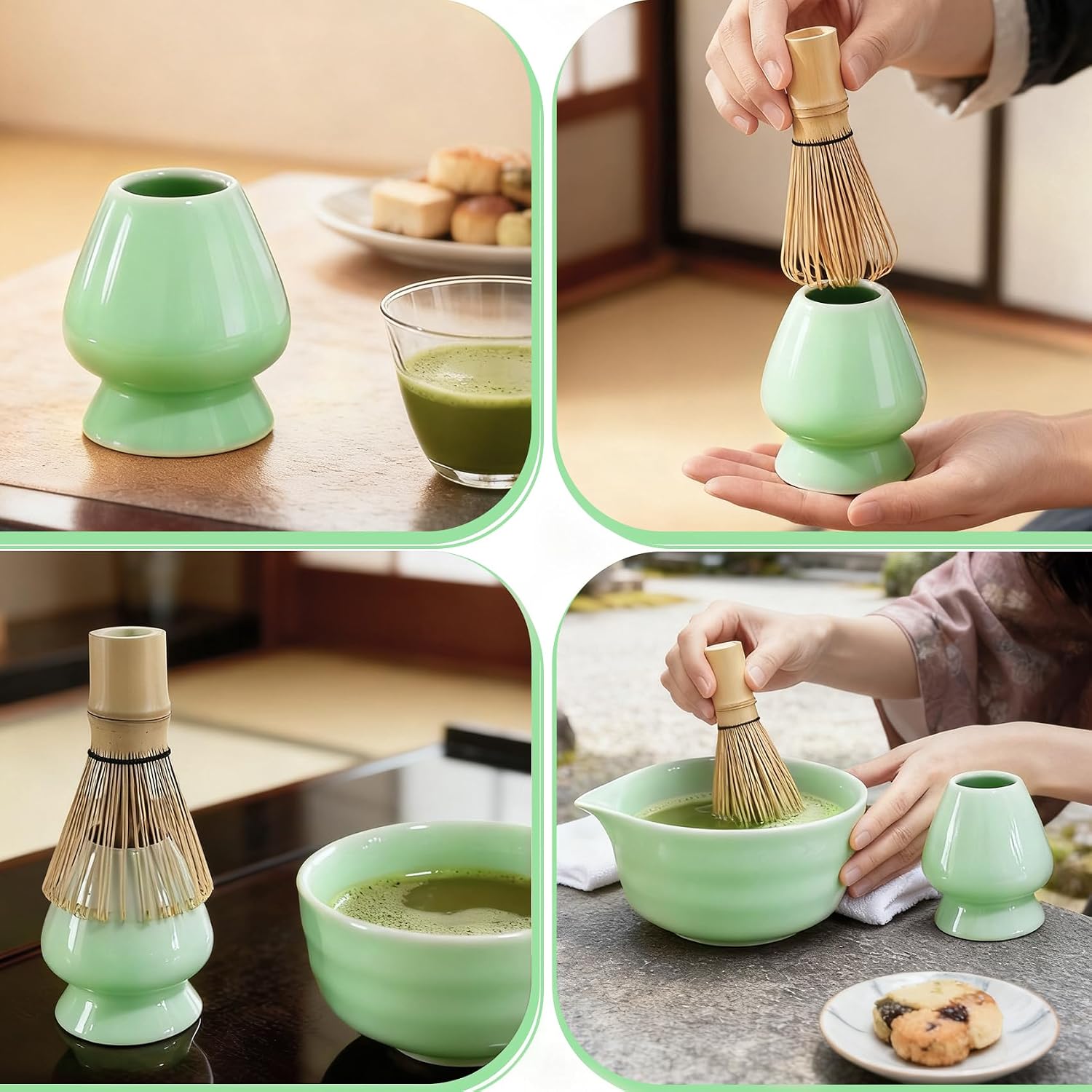 Matcha Whisk Holder Ceramic Chasen Stand for Traditional Japanese Tea Lover Green