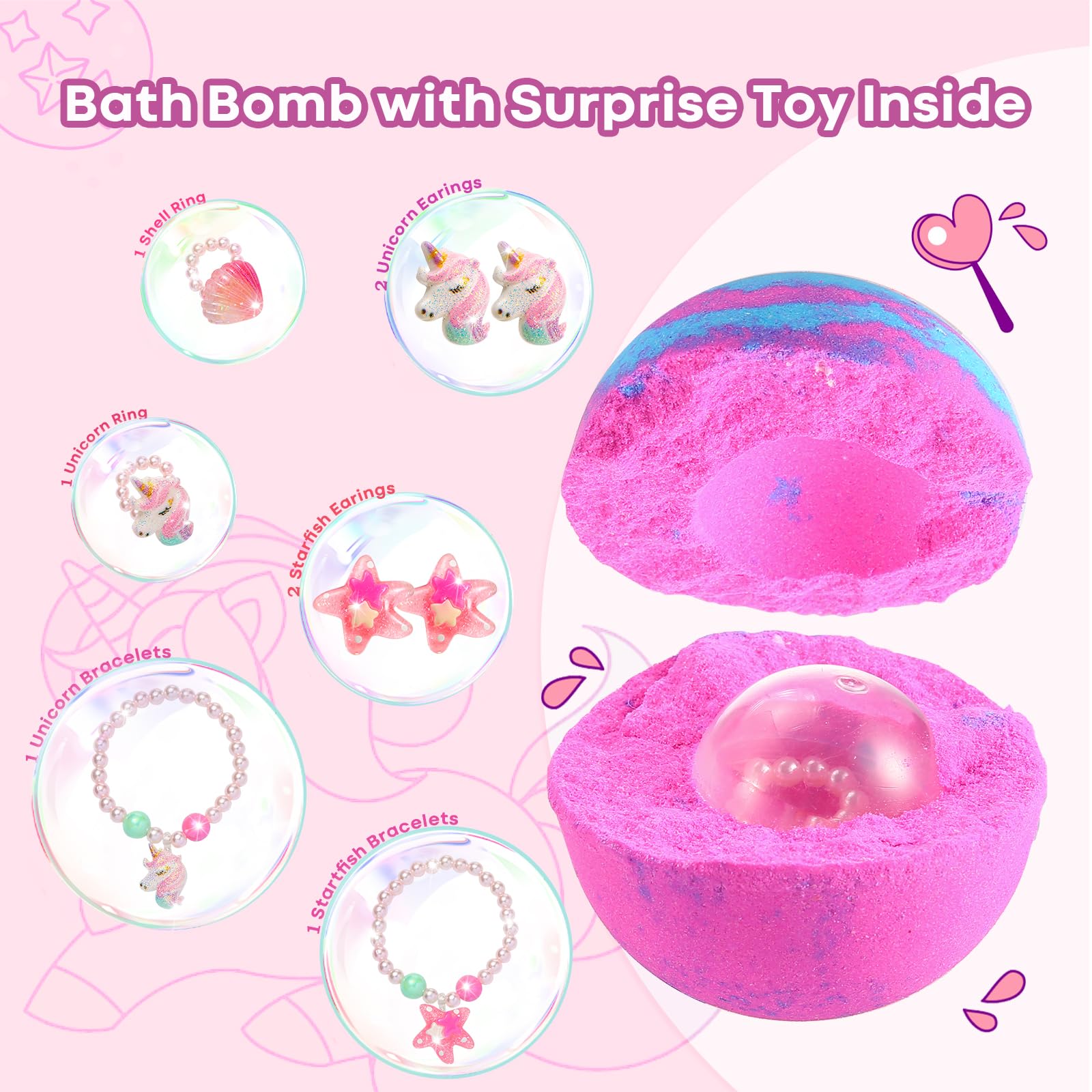 MeCids Lot de 6 bombes de bain bio pour enfants avec jouet surprise à l'intérieur, bracelets et bagues, kit de bombes de bain à bulles pour fille anniversaire et Noël