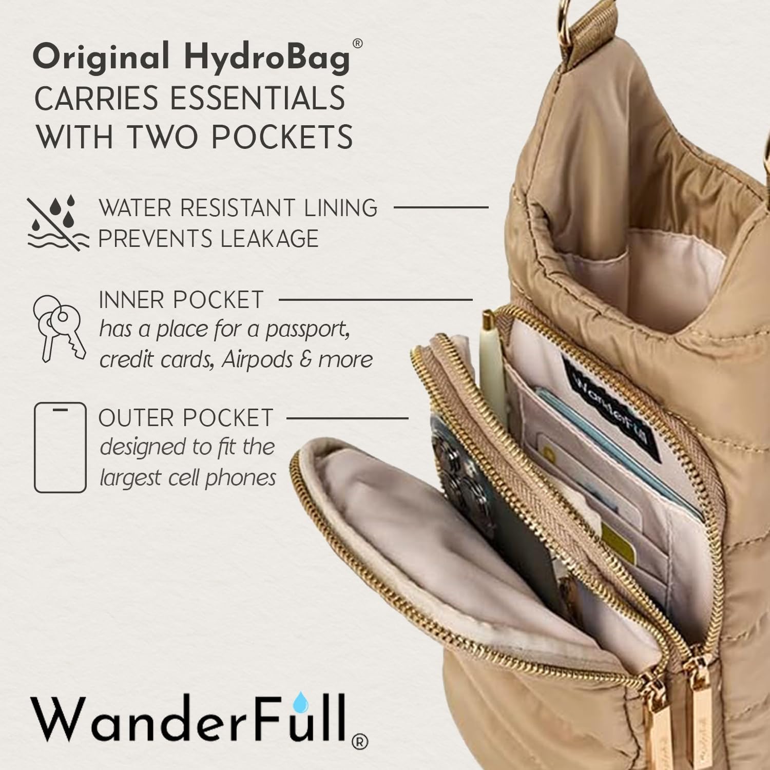 WanderFull Original HydroBag Fits Up to 32 oz Water Bottle Holder with Strap – Hands-Free Crossbody Water Bottle Carrier Bag with Phone Pocket