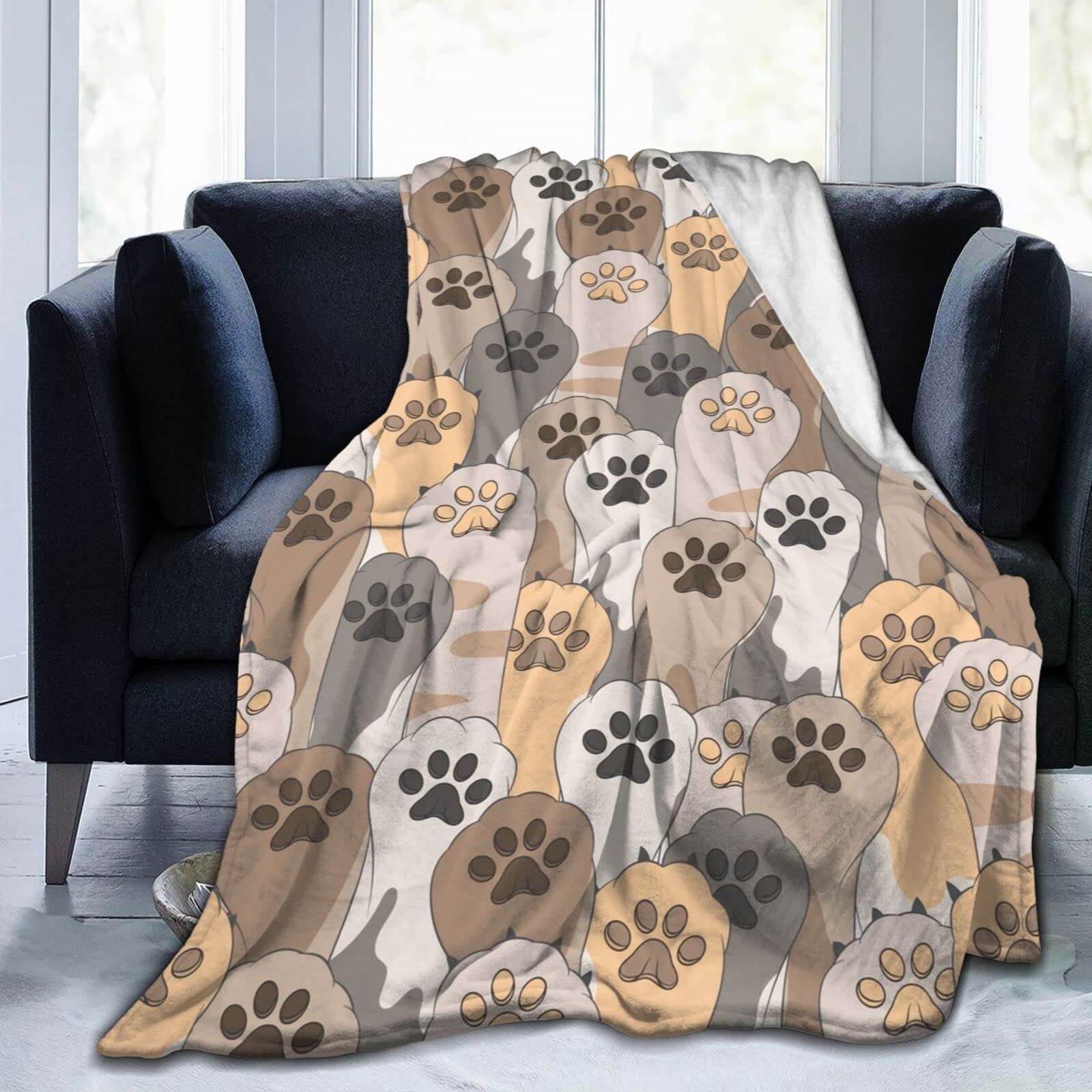 Lsjuee Funny Kawaii Cute Cats Footprint Throw Blanket Soft Cozy Lightweight Blankets Cute Animal Cat Flannel Blanket for Sofa Couch Bed Office 50"X40"
