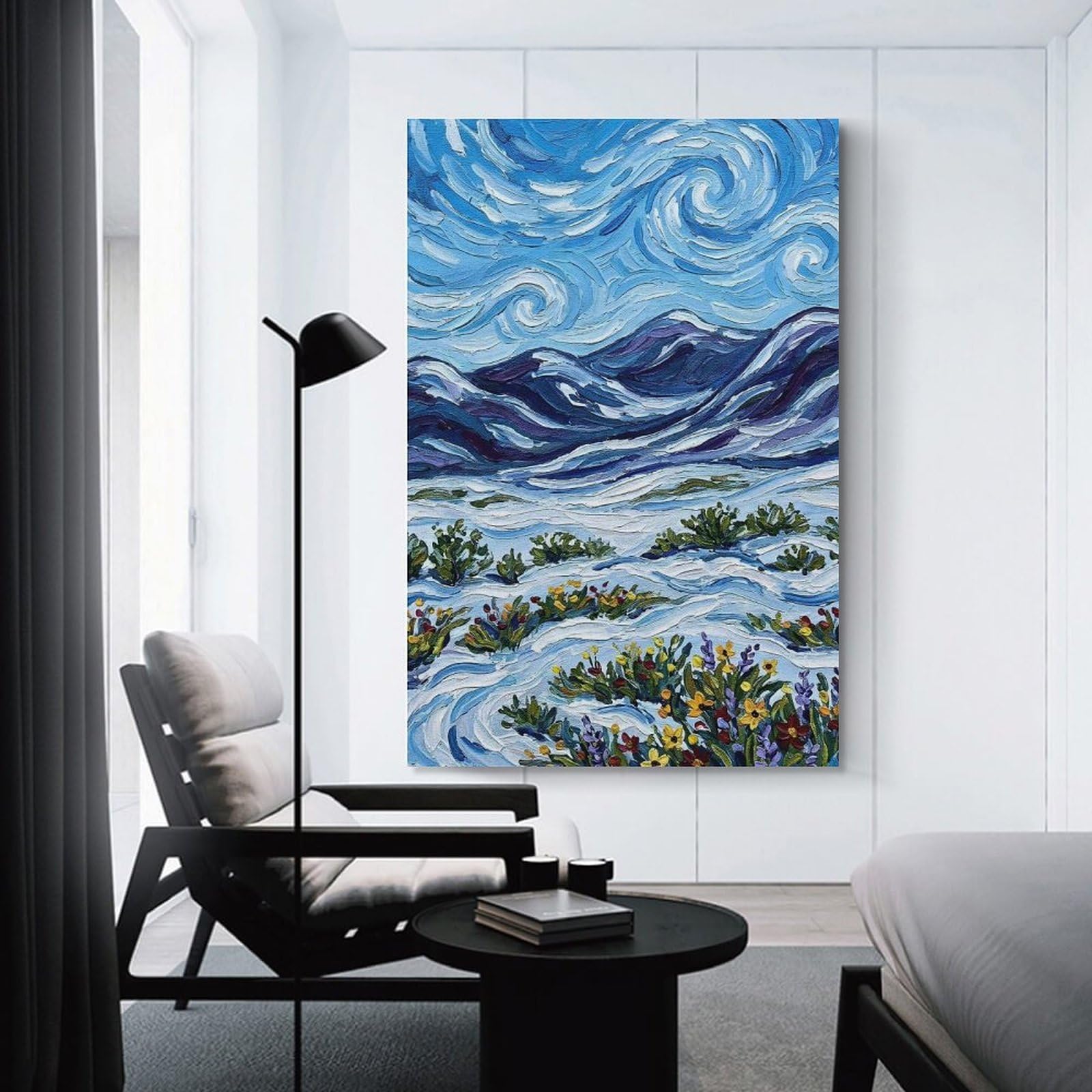 Junmoney Canvas Wall Picture Impressionistic Mountain Landscape with Flowers, 24x36inch(60x90cm), for Office, Study Or Home Workspace, Canvas Wall Decor for Creative Rooms