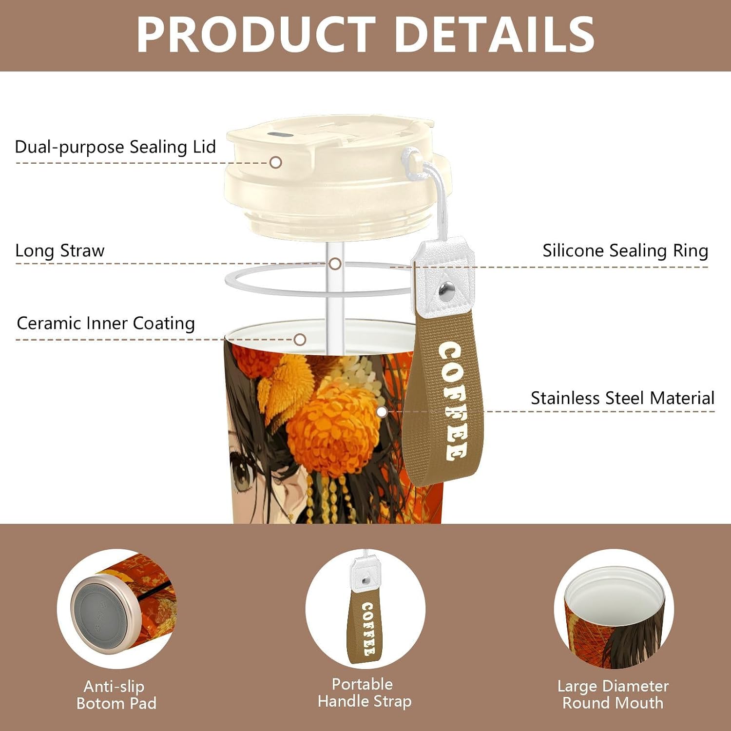 Samurai Anime Cute Insulated Coffee Mug with Straw & Flip Lid, 16.9oz Iced Tumbler Cup, Double Wall Vacuum Mug for Travel Office