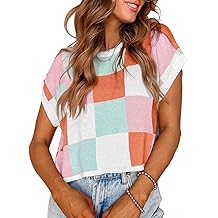 Womens Cap Sleeve Crop Tops Summer Color Block Going Out Crew Neck Knit Trendy Casual Sweater