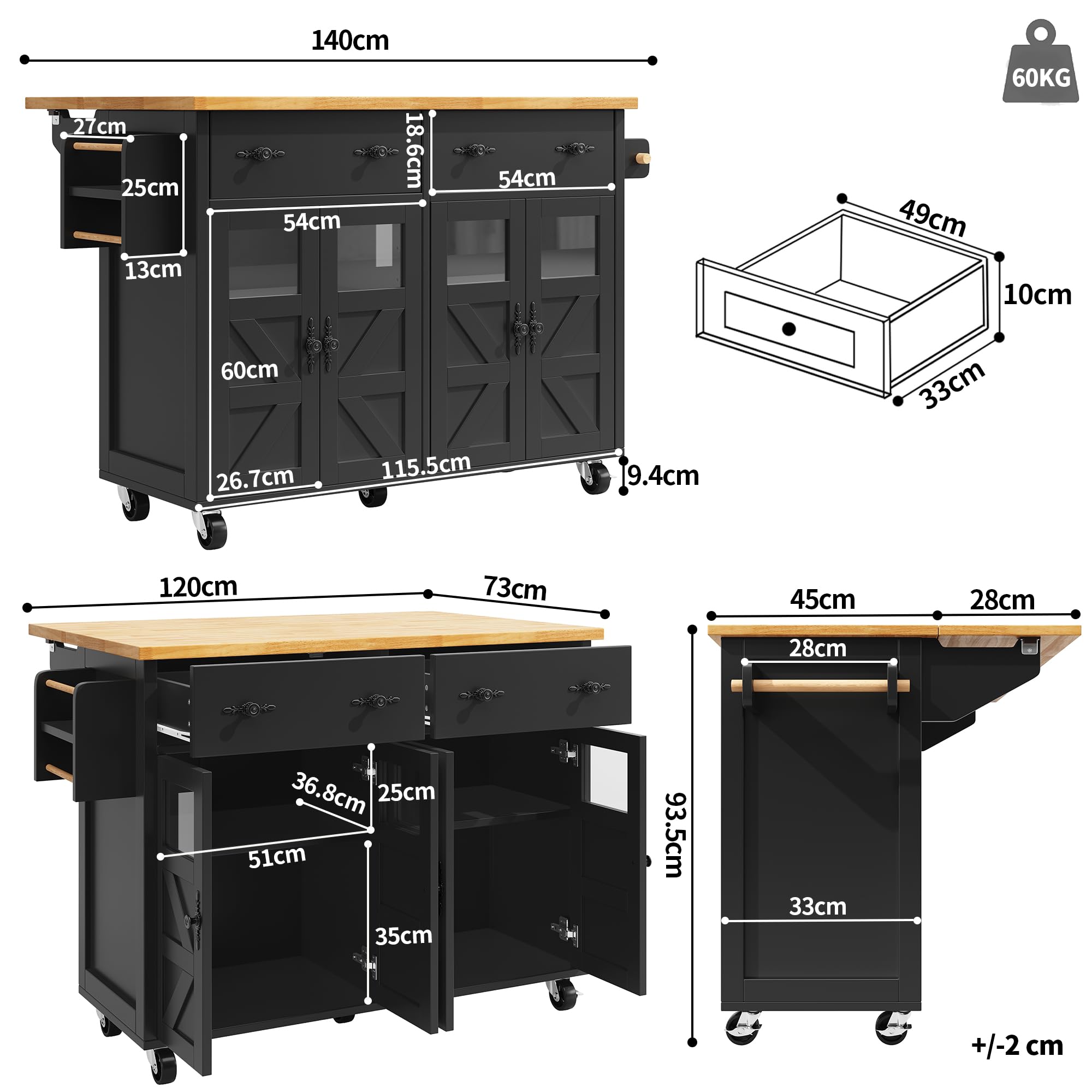 Carrito de cocina multifuncional con gran espacio de almacenamiento, plegable, con frenos