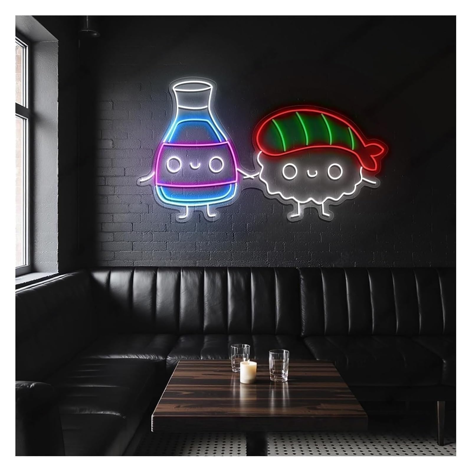Insegna luminosa al neon per ristorante giapponese con sushi e salsa di soia, 51 cm
