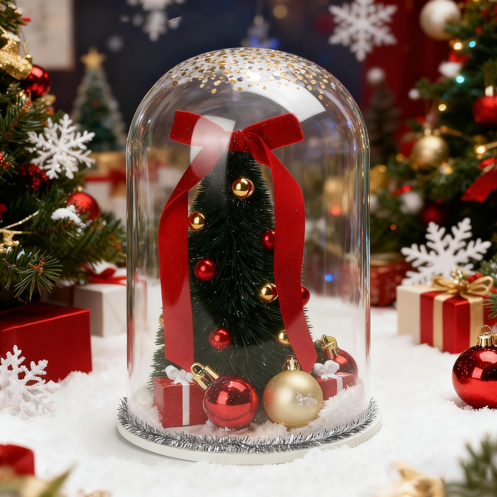 Syncvibe Gifts Plastic Christmas Snow Globe, Indoor Christmas Decorations, Snow Globe Kit Bottle Brush Tree With Red & Gold Ornaments Dome Cloche For Hometabletop Centerpiece Festival Party Decor