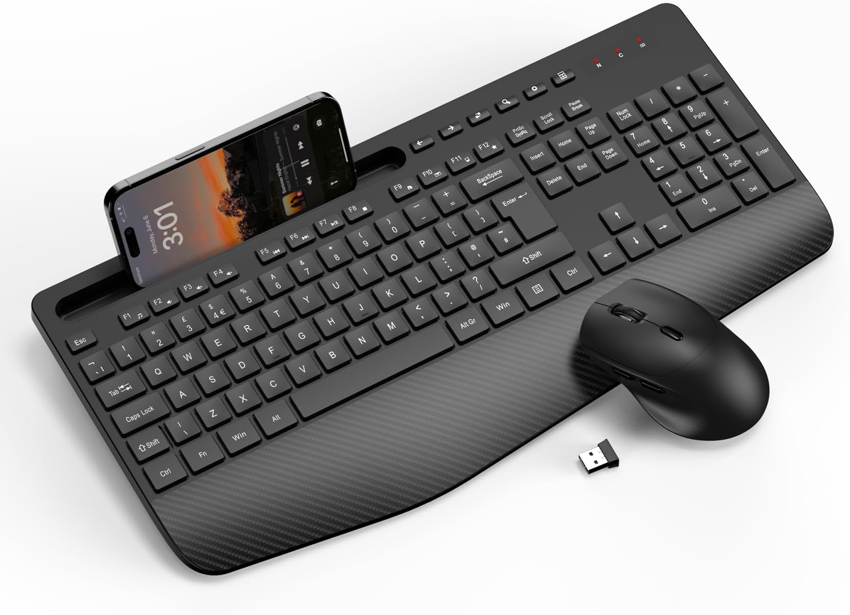 Wireless Keyboard and Mouse Combo, Full-Size Ergonomic Keyboard with Wrist Rest, Phone Holder, Sleep Mode, Silent 2.4GHz Cordless Set for Computer, Laptop, PC, Mac, Windows (Black) - KM23