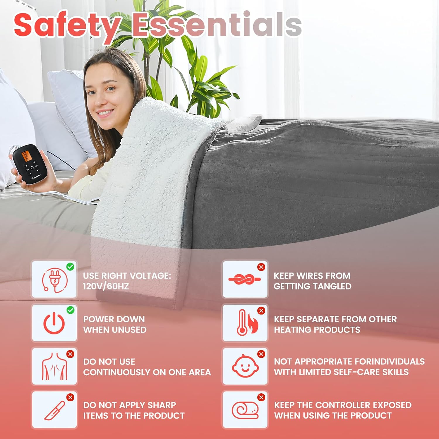 Sunable Heated Electric Blanket - Machine Washable Blanket with Time Settings Heat Settings Queen Size 84×90 inches, ETL Certified, Grey - Velvet & Sherpa