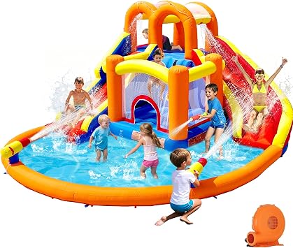 HuaKastro [Upgraded Version] Bounce House Water Slide Combo for Big Kids 8-12, Water Bounce House with Dual Long Slides & Big Splash Pool, Backyard Water Park for Kids 3-12