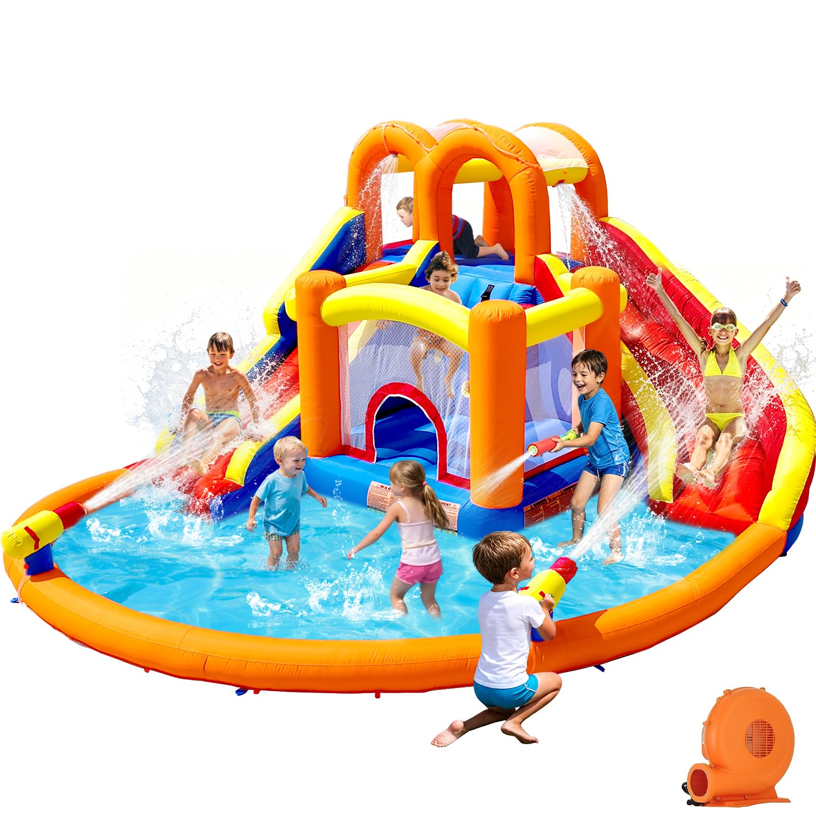 Photo 1 of HuaKastro Inflatable Water Slide, Water Bounce House with Double Slides for Big Kids, Backyard Water Park with 2 Water Sprayers, 2 Water Gun & Big Splash Pool for Family Fun [Upgraded Version]