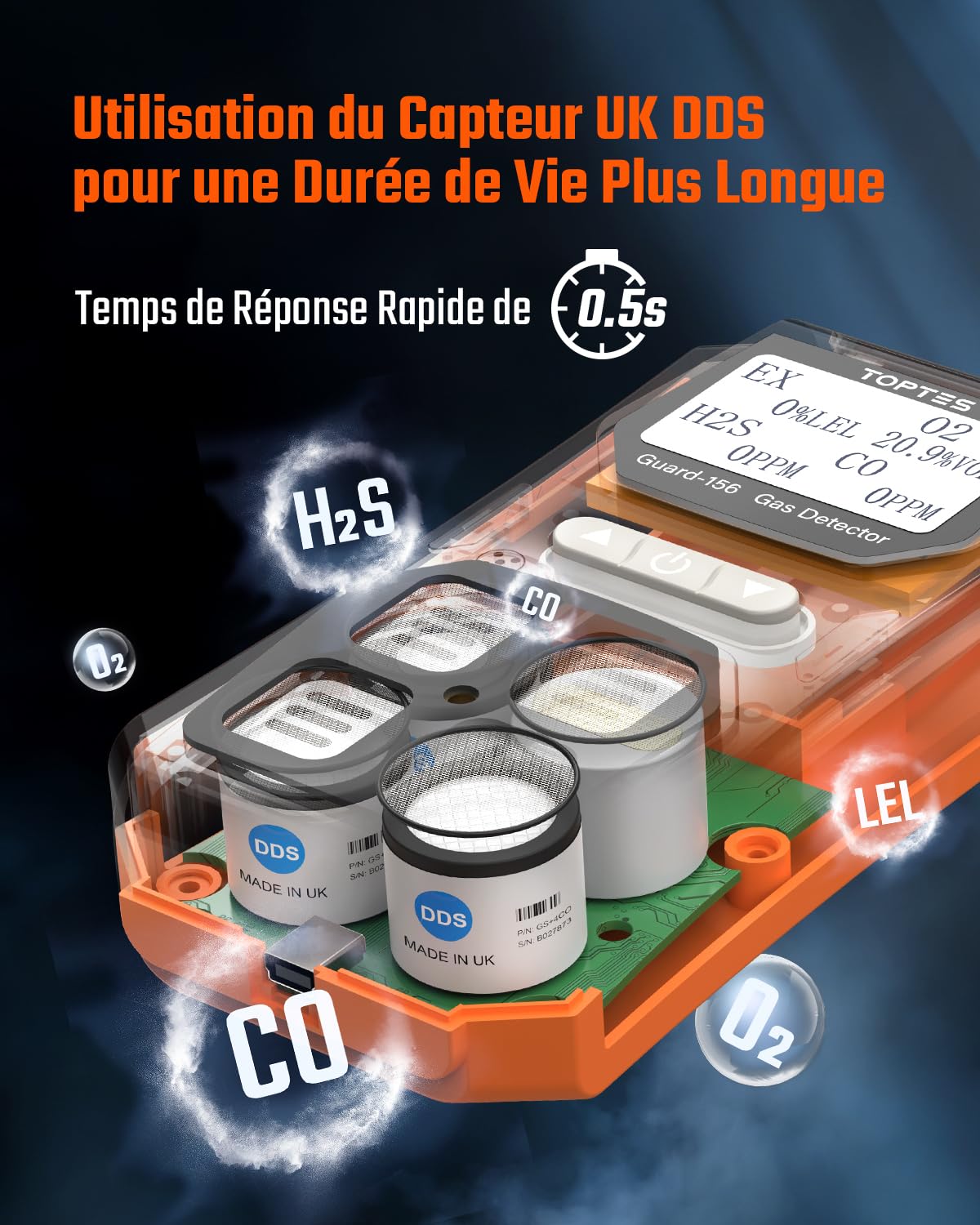 TopTes Guard-156 Détecteur 4 en 1 pour H2S, CO, Lie et O2, Triple Alarme (visuel, Vibration, sonore), réponse Rapide 0,5 s, Design Pratique et Anti-poussière pour sécurité au Travail et à Domicile