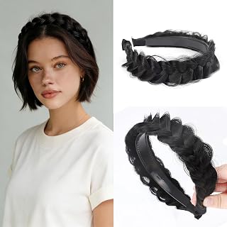 Headband 4 Strands Synthetic Hair Plaited Headband Braid Braided With Teeth Hair Band Beauty accessory Stretch Braid Headbands Hairpiece for Women (Black, Wide Messy)