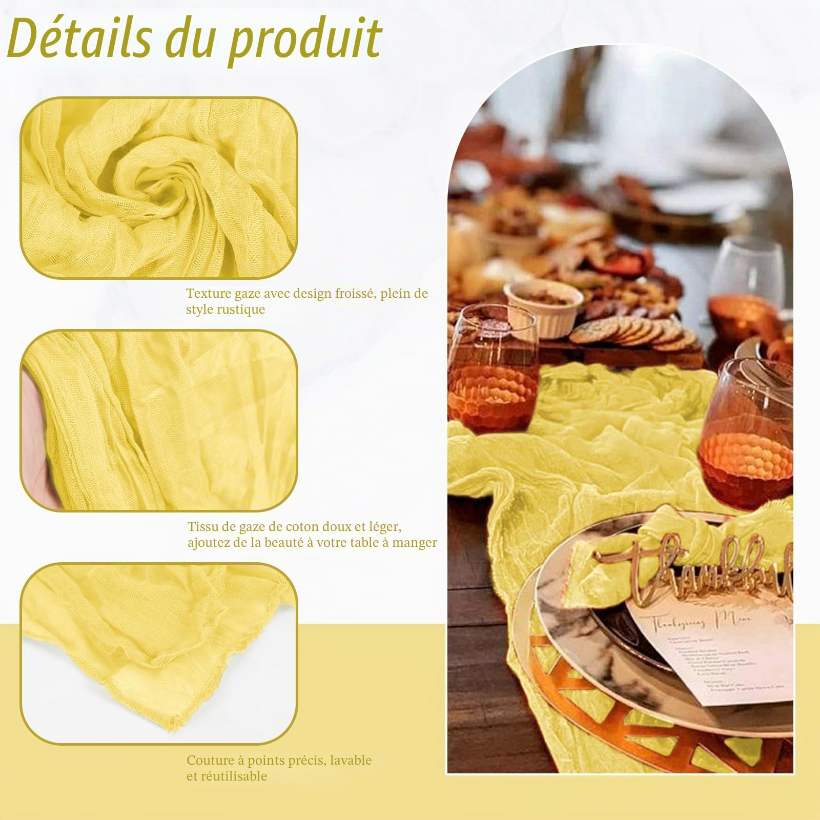 Lot de 8 Chemins de Table en Étamine Jaune, 90 x 300 cm en Tissu Gaze Rustique Bohème - Chemin de Table en Étamine Longue Nappe pour Mariage, Fête, Décoration