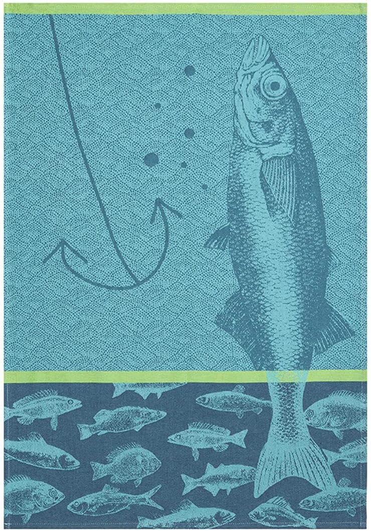 Coucke French Cotton Jacquard Towel, Poissons Bleu, 20-Inches by 30-Inches, Turquoise