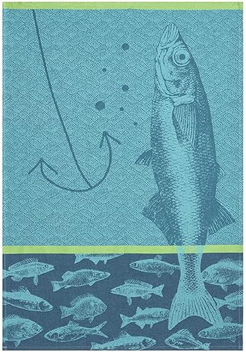 Miniatura 3 de Coucke Toalla jacquard de algodón francés, Banc De Poissons (Escuela de Pescado) Azul, 20 pulgadas por 30 pulgadas, Turquesa