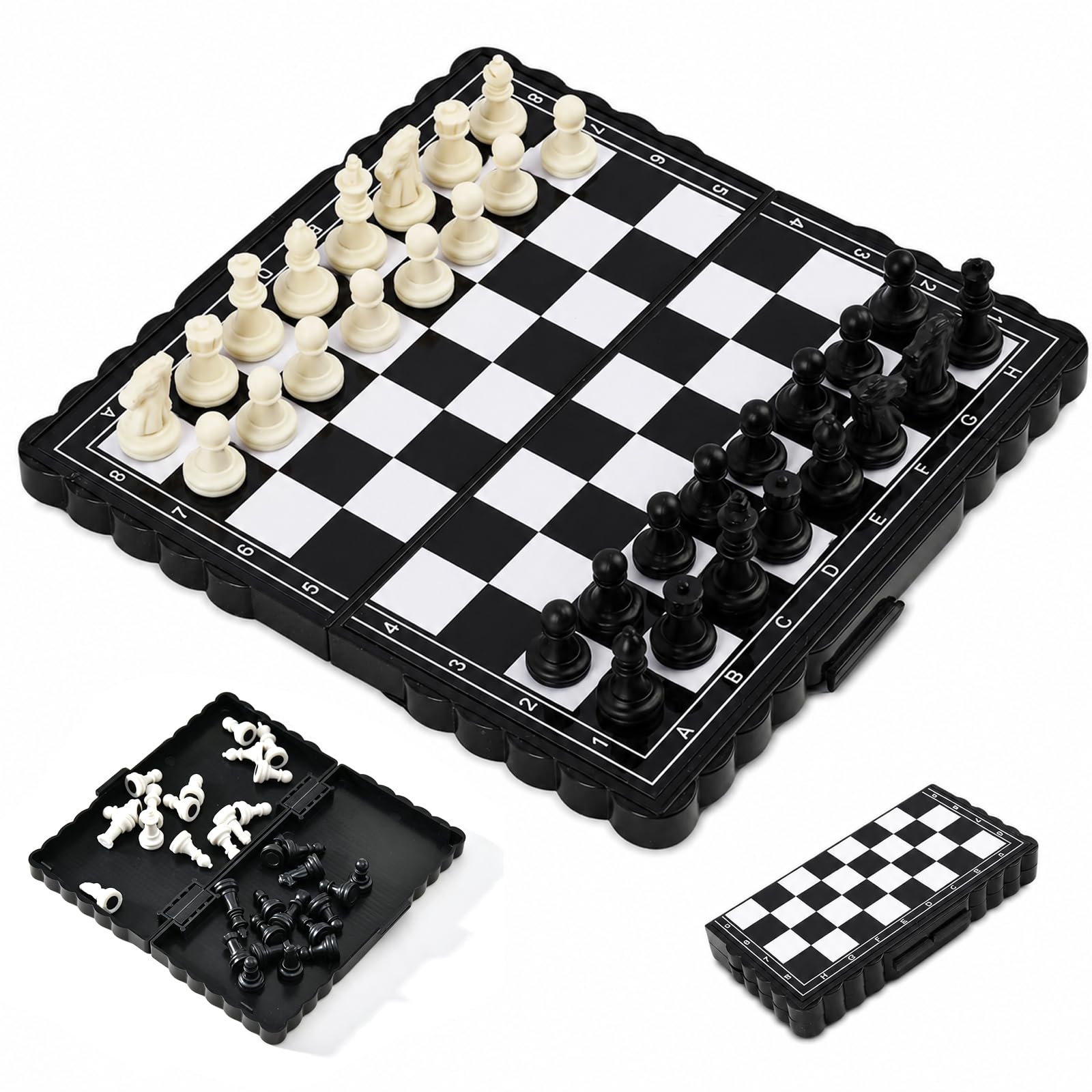 Mini Folding Chess Set, Portable Black and White Travel Chess Board with Complete Playing Pieces, Compact 13 x 6.5 cm Game Set for Home, Trips, Holidays and Tabletop Play