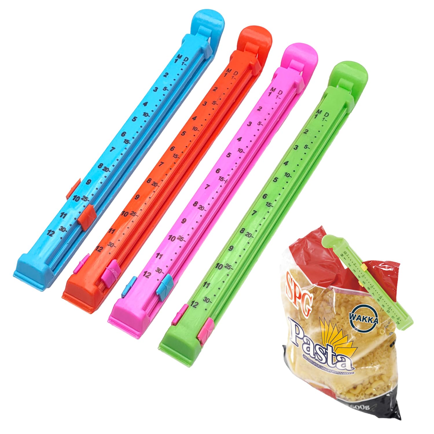 Set of 4 Large 15.5cm Tongs Close Bags with Date Indicator, Plastic Locking Clip for Food, Snack and Kitchen, Reusable and Durable