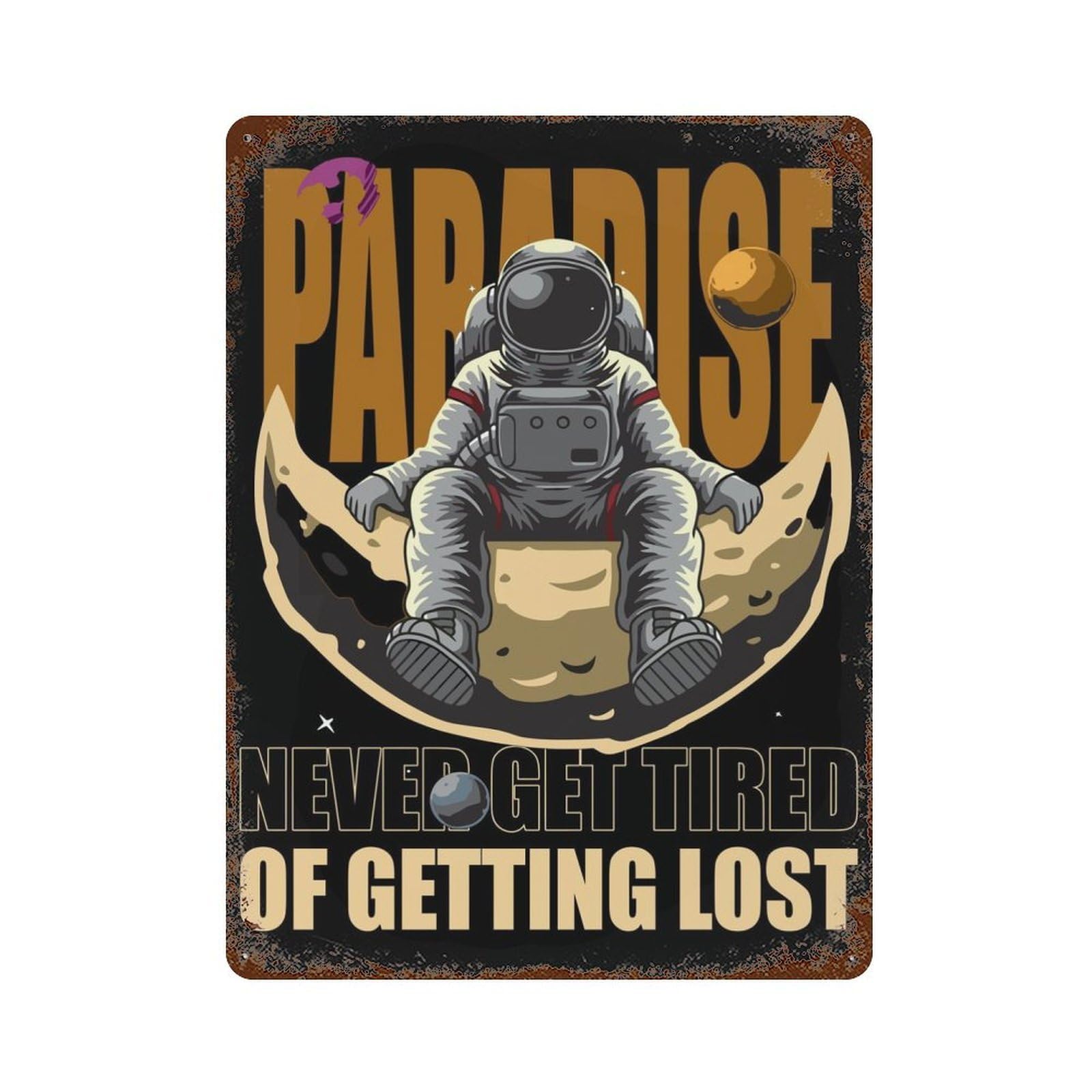 Rust Effect Space Paradise Rusty Metal Tin Sign 15.7"x11.8", Old School Wall Decor for Basement, Hobby Room And Garage Decor