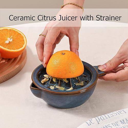 Miniatura 2 de Exprimidor manual de cerámica cítrica naranja limón exprimidor manual, exprimidor de mano con tazón de 6.8 onzas y tapa de colador, boquilla, asa,