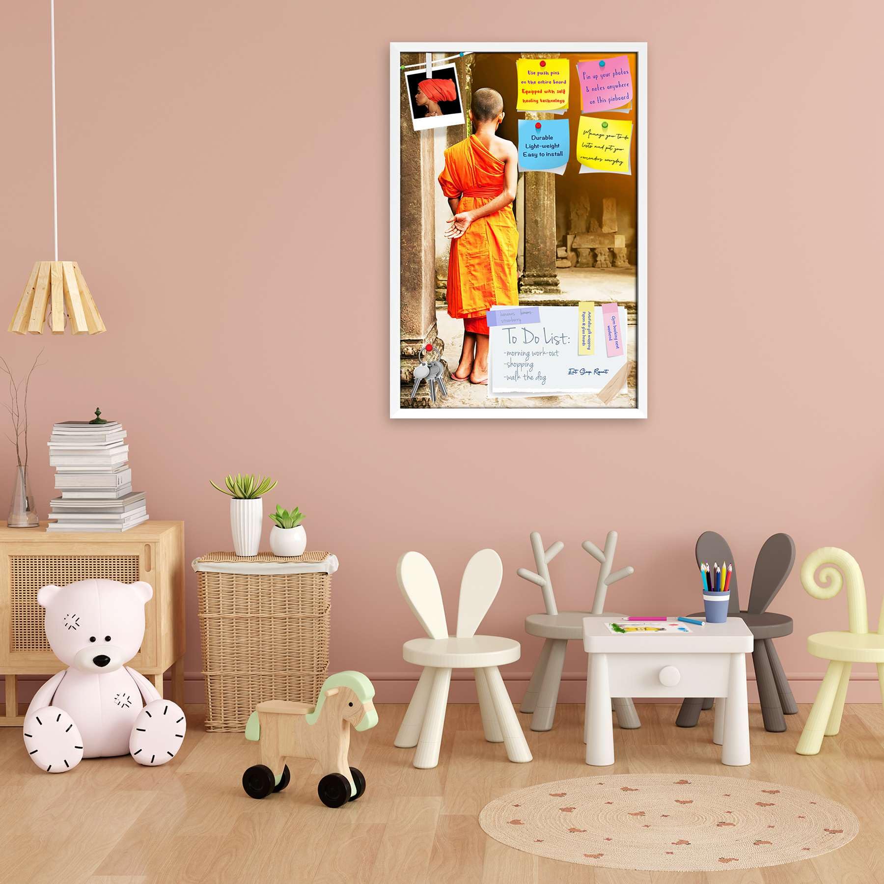 ArtzFolio Contemplating Monk, Angkor Wat, Cambodia Bulletin Board Notice Pin Board | Vision Soft Board Combo with Thumb Push Pins | White Frame 12 x 17.5 inch (30 x 44 cms)