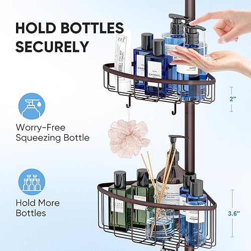 Miniatura 5 de Poste de tensión de esquina para ducha organizador de ducha a prueba de óxido con estantes ajustables de 4 niveles para baño, bañera y champú,