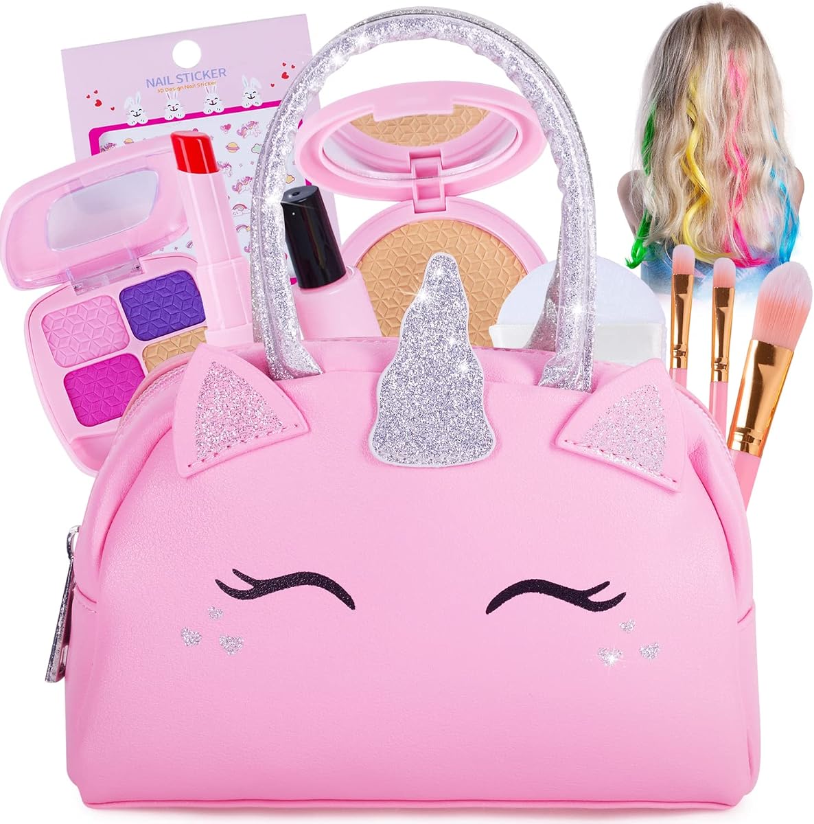 Pretend Play Makeup Kit for Little Girls with Unicorn Purse: Fake Make Up | Not Real Makeup Toy Set for Toddlers and Kids. Includes Hair and Nails Accessories, Baby Girl Toys Princess Toddler Gift Set