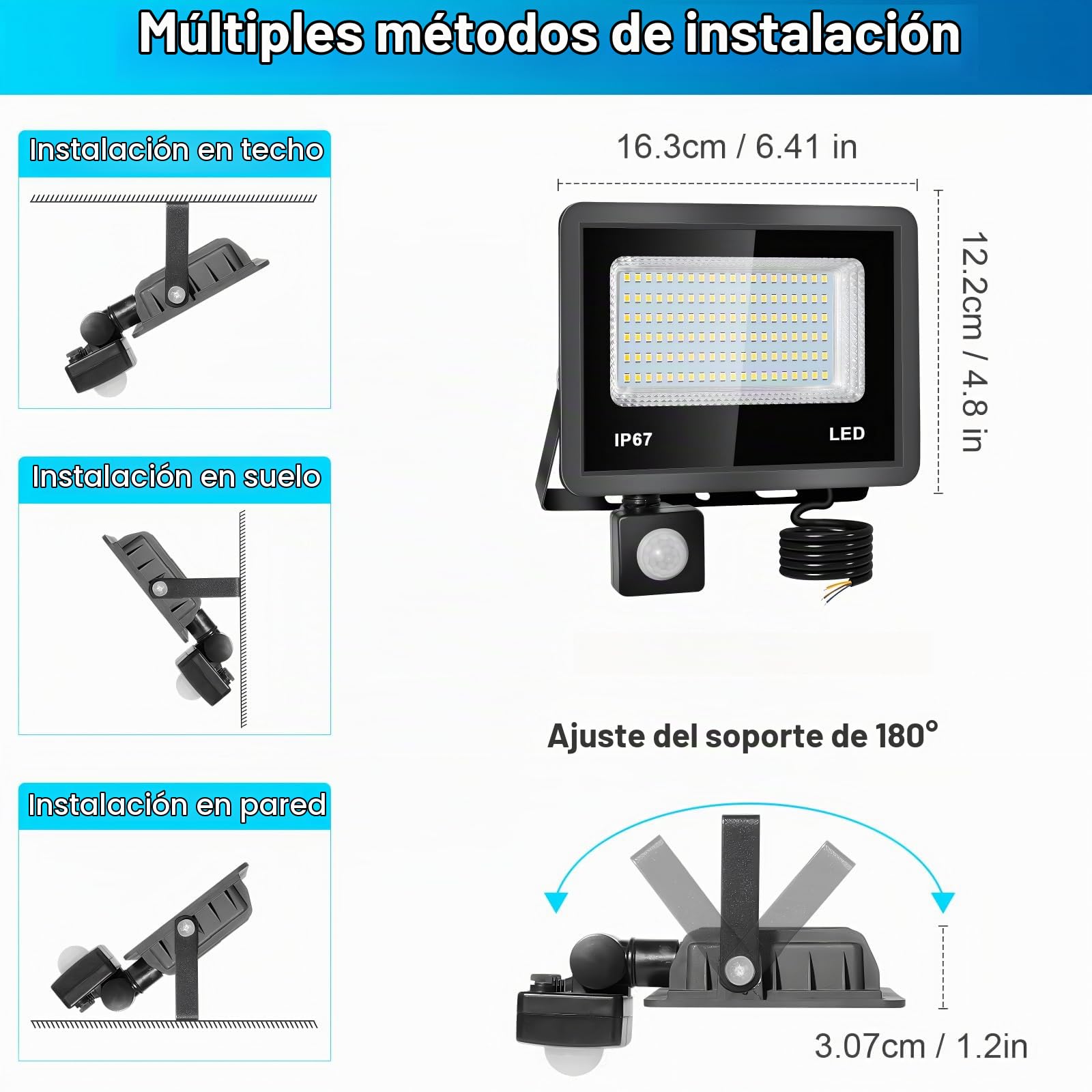 50W Foco LED con Sensor Movimiento - 2 Piezas 5000LM Luz Exterior con sensor de movimiento Blanco Frío 6500K IP67 Impermeable Proyector led Exterior para Patio, Jardín, Garaje, Fábrica