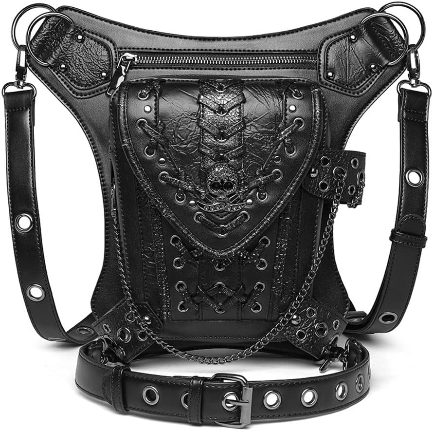 Gothic Waist Bag Fanny Pack Leather Steampunk Crossbody Shoulder Messenger Hip Pouch (Black-104)