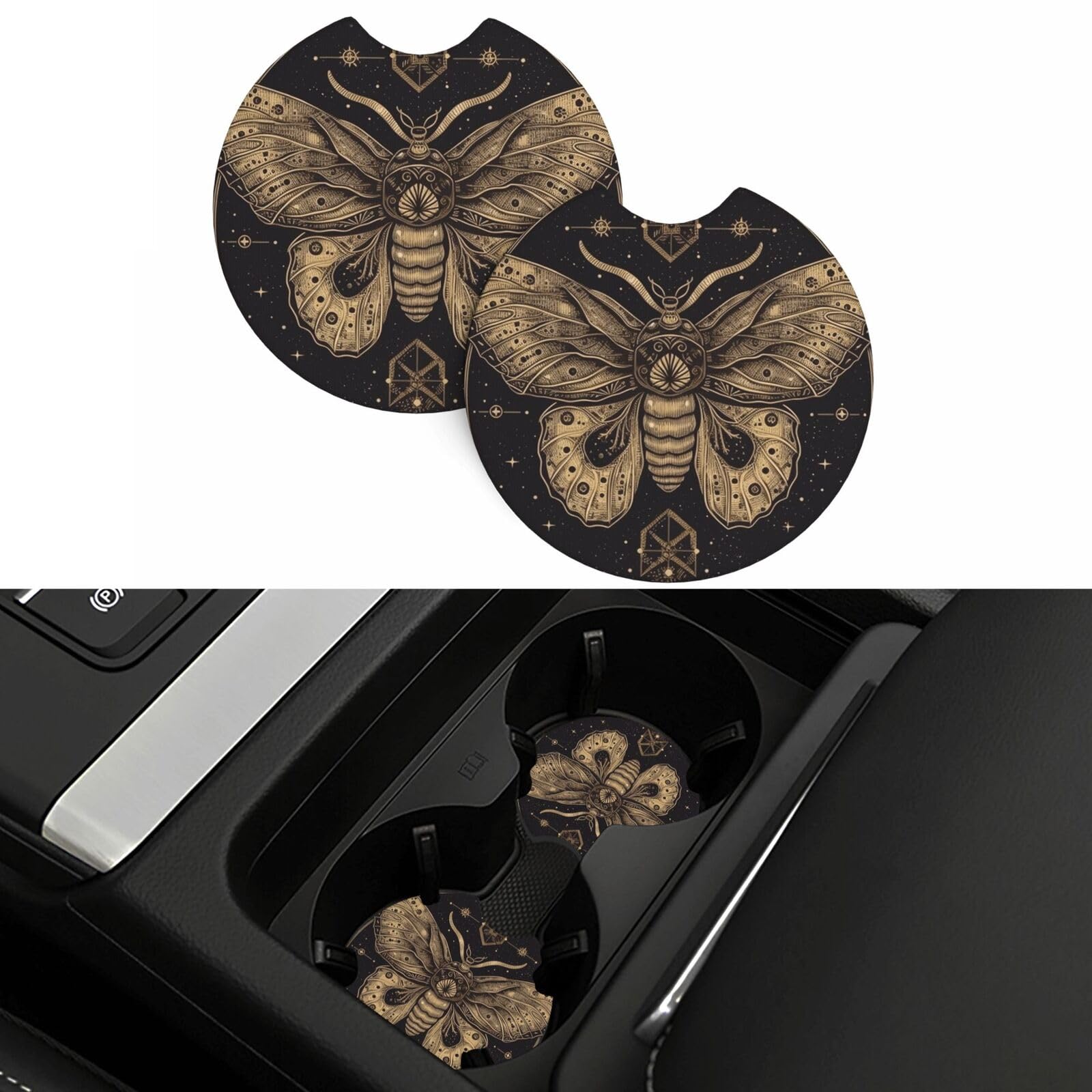 Moth Car Coasters 2 Pcs, Universal Non-Slip Rubber Car Cup Holder for Cup Holders, 2.75 Inch Neoprene Cup Pad Mat Coaster Car Interior Accessories for Women Men