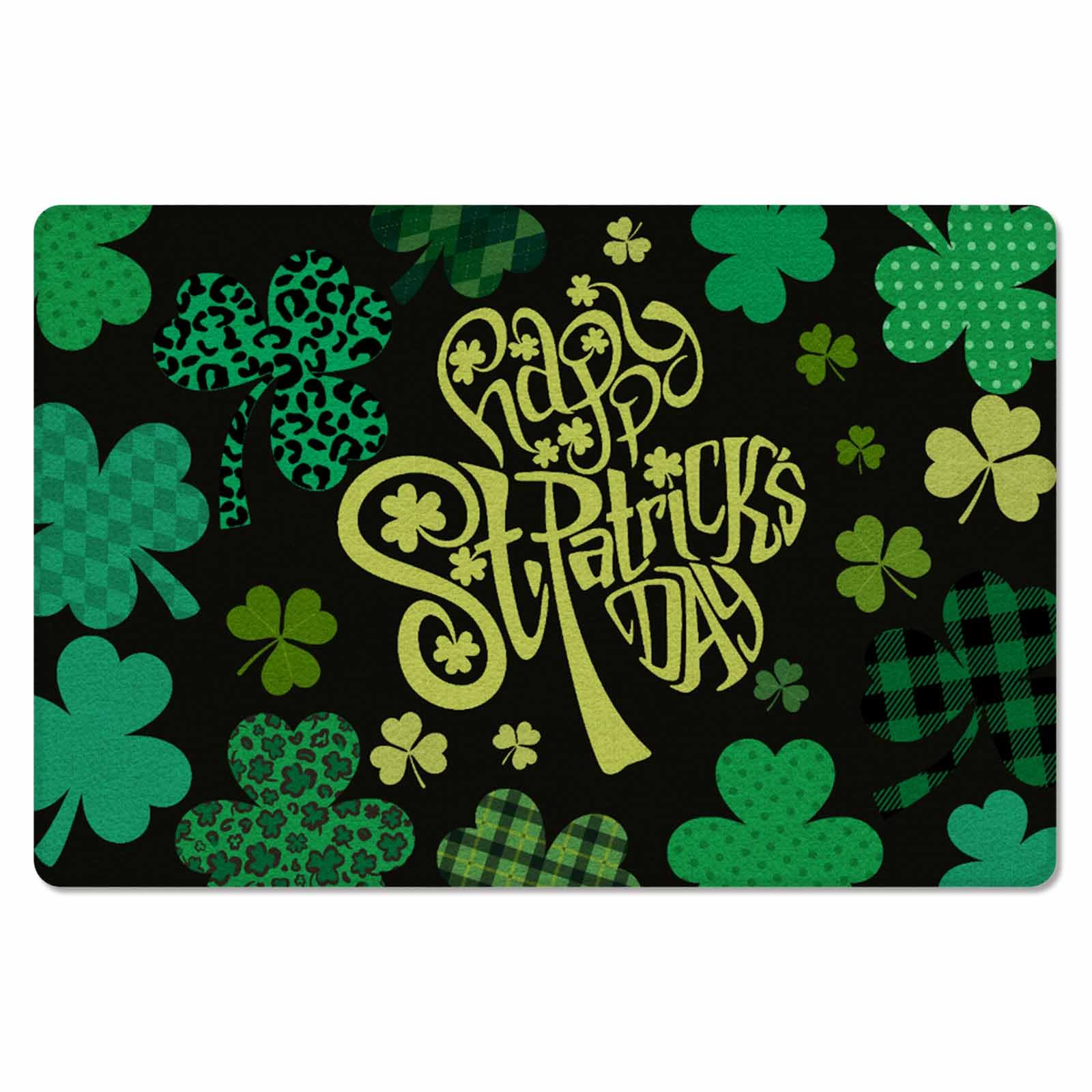 St. Patrick's Day Kitchen Bath Door Mat Cushioned Runner Rug,Washable Welcome Floor Sink Antifatigue Mat,Waterproof & Non-Slip Comfort Standing Doormat,Green Plaid Dot Plant Leopard Print 18