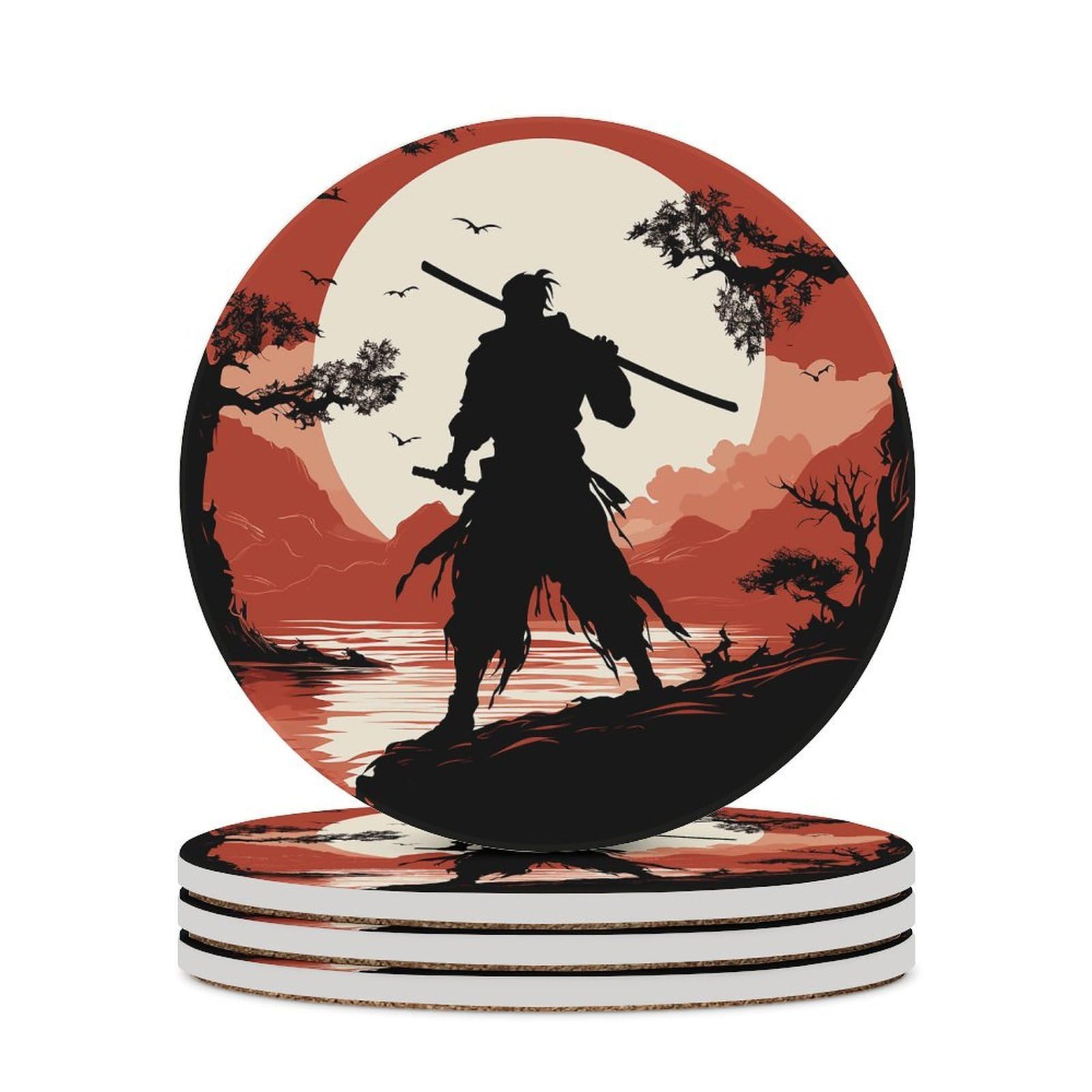 Samurai Drink Coasters with Holder for Coffee Table,Ceramic Coaster with Cork Base,Ceramic Stone Coaster for Iced Cold Or Hot Drinks,4.1 Inches