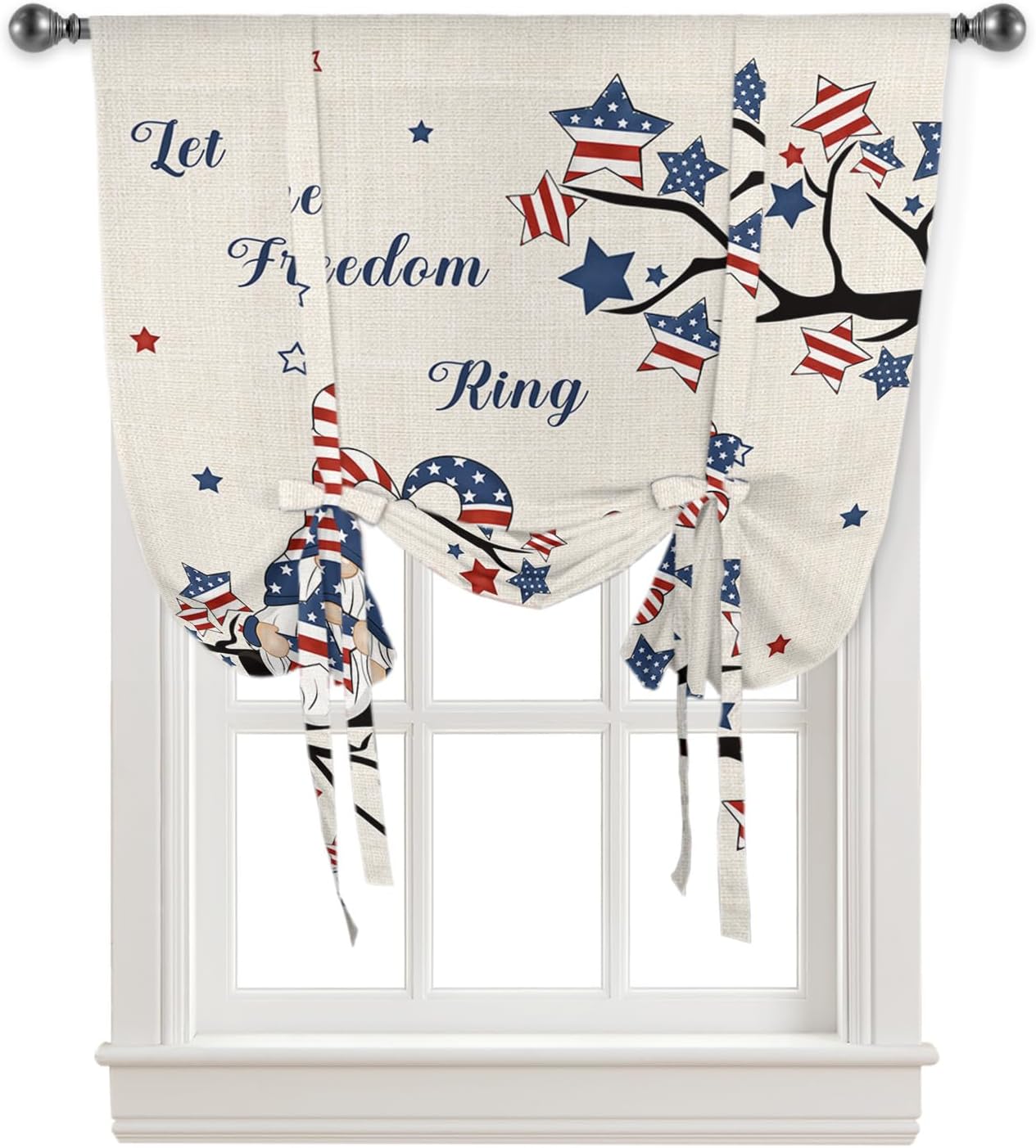 Memorial Day Tie Up Window Shade Curtain Cute Gnome and Star Branch Kitchen Adjustable Balloon Curtains Shades Drape 52x63In for Living Room/Bedroom/Cafe Windows Vintage Plant and Dwarfs