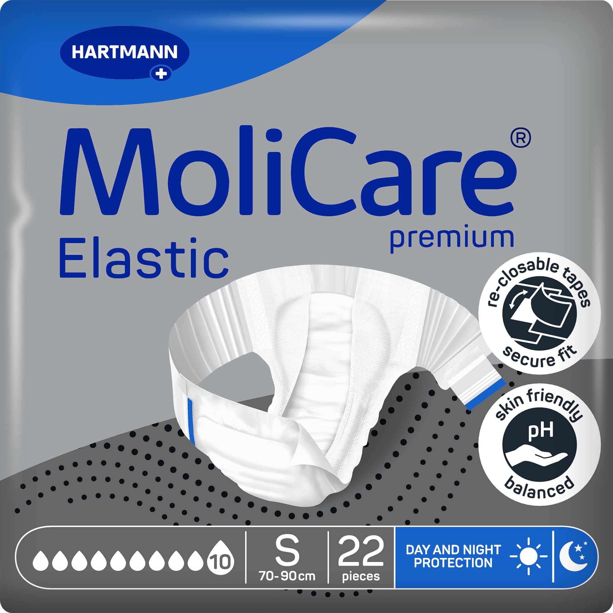 MoliCare Premium Elastic Adult Nappies – 10 Drops | High Absorbent Disposable Night-Time Nappy for Men & Women with Very Severe Incontinence | Size S | Pack of 22