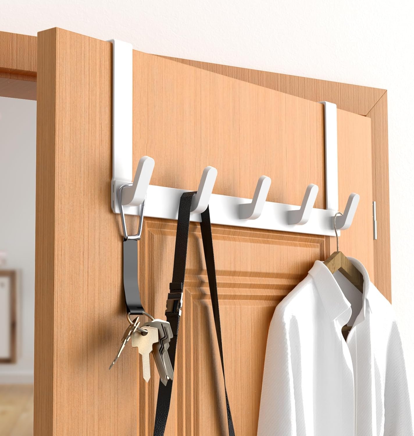 Over the Door Hook Rack, White with 5 Hooks Versatile Hanger for Coats, Towels, Bags, Keys, Ideal for Bathroom, Bedroom, Behind Back