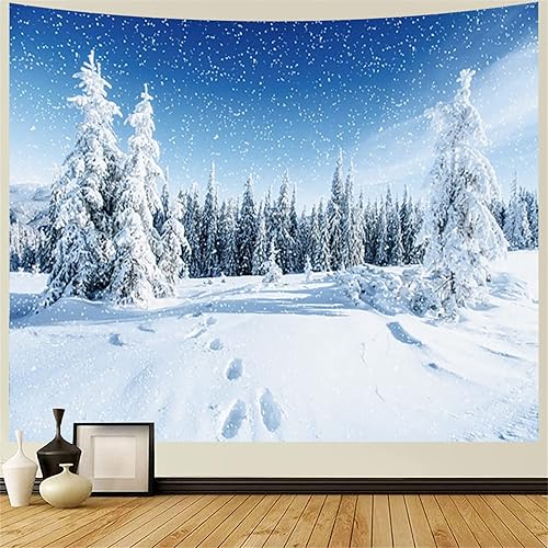 Tapiz de invierno del país de las maravillas, tapiz de pared de bosque nevado, tapiz de Navidad para colgar en la pared, pinos en tapiz nevado, arte
