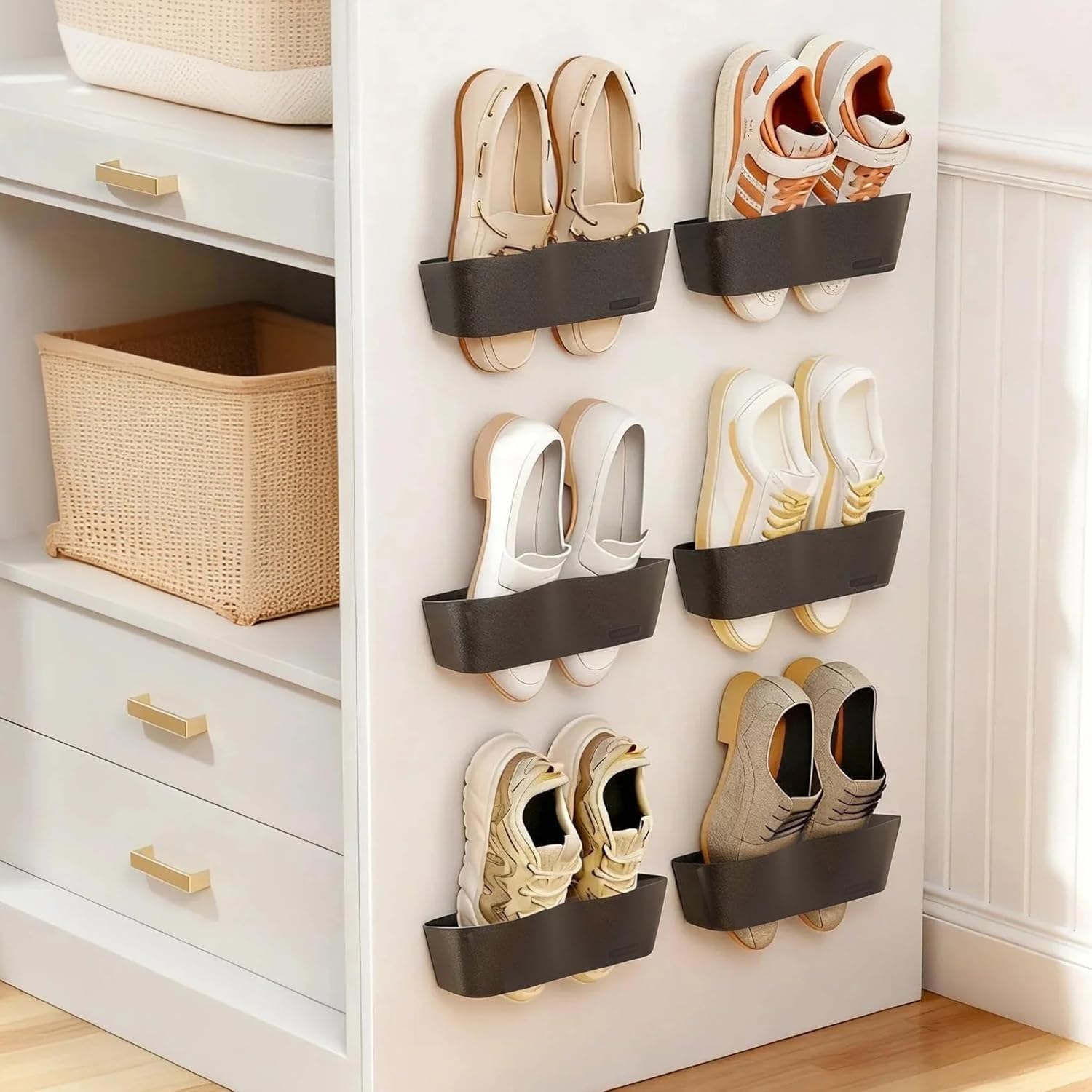 6-Pack Wall Mounted Shoe Rack with Sticky Strips, Space Saving Hanging Shoe Rack, No-Drill Hanging Shoe Shelves, Ideal for RV, Door, Closet, Campers