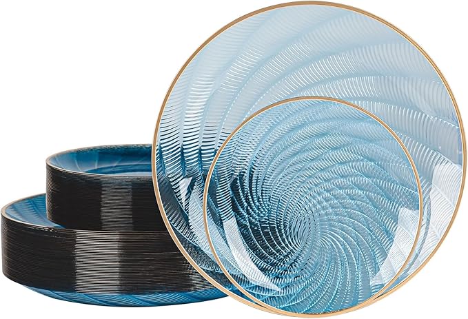 Brolifon 80pcs Clear Blue Disposable Shell Plastic Plates With Gold Rim, 10 inch 40 Dinner Plates and 7 inch 40 Dessert Plates for Party, Wedding, Birthday