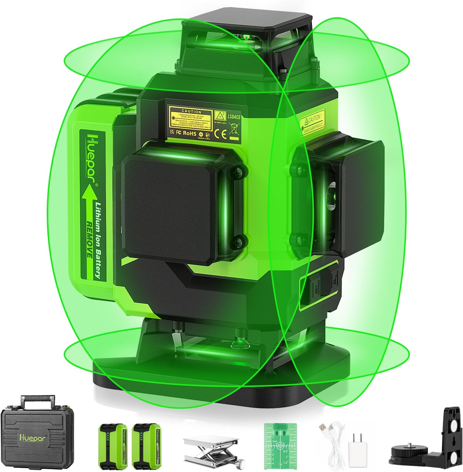 Huepar Laser Level 360 Self Leveling, Rechargeable Green Laser 4x360° Cross Line Lazer Leveler 4D Level Laser Tool for Construction with Two Li-ion Batteries, Magnetic Bracket &Hard Carry Case -LS04CG