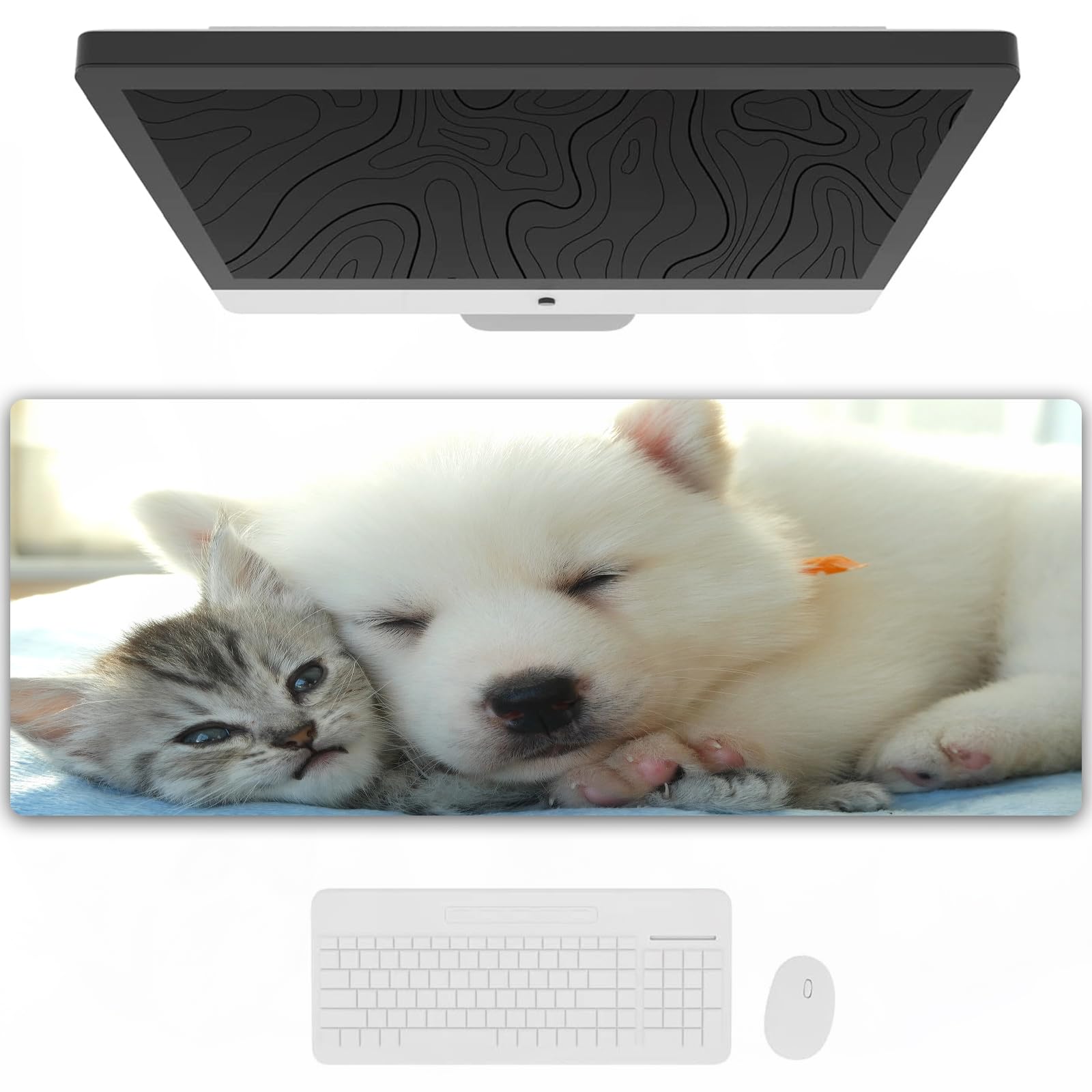 Tappetino per mouse da gioco,grande,antiscivolo,impermeabile,con bordi cuciti,foto di un gattino e un cane,per gaming,ufficio,casa,40x90 cm