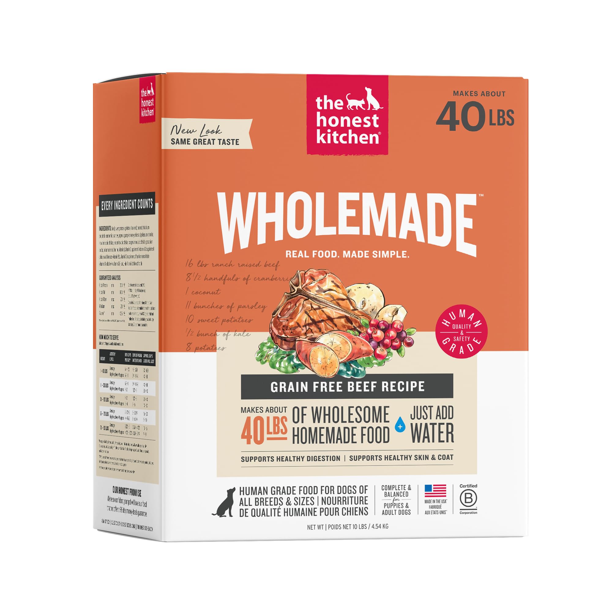 The Honest Kitchen Wholemade Grain Free Beef Recipe, Human Grade Dehydrated Dog Food, Just Add Water, Supports Healthy Digestion, Skin &amp; Coat, Topper for Dry or Wet Dog Food, 10 lb Box Makes 40 lbs