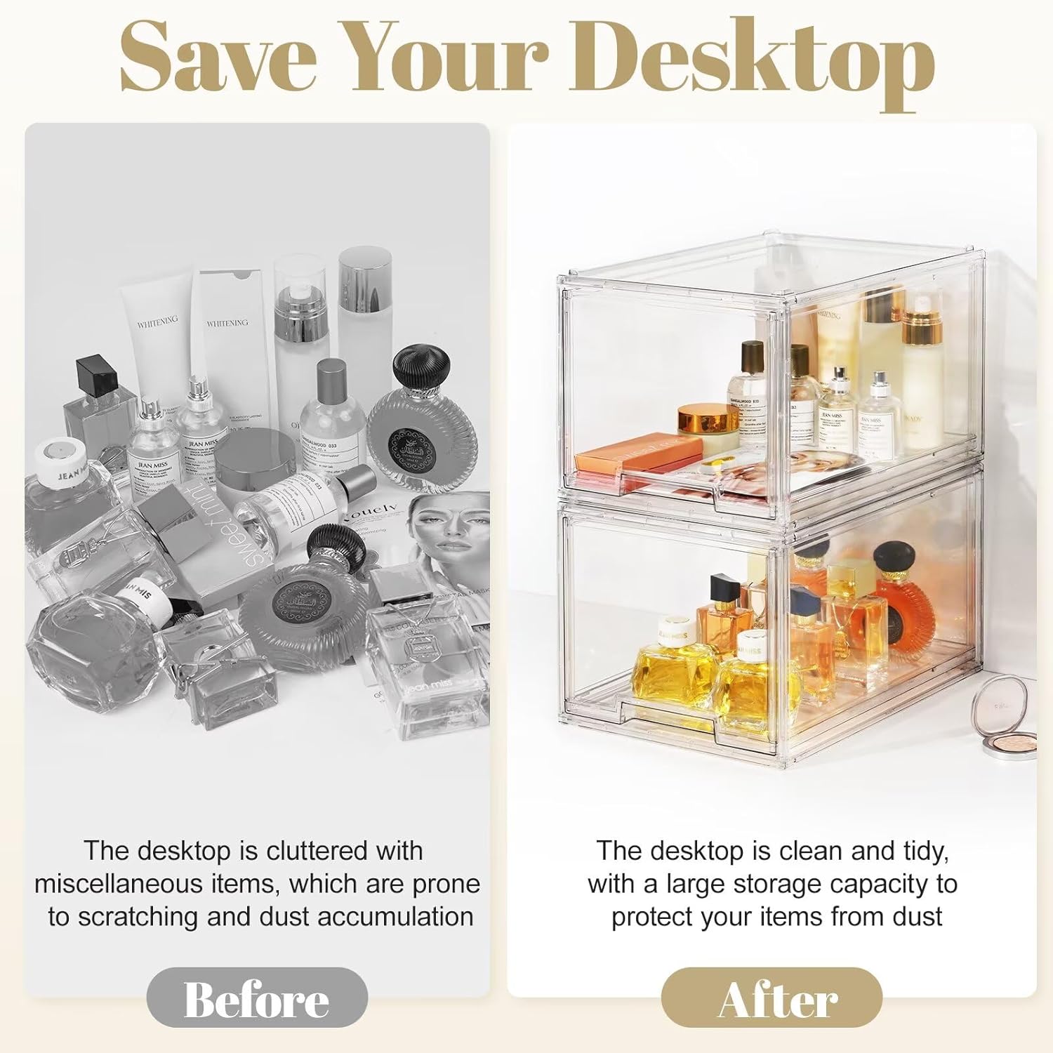 AZ.MIFENO Large Stackable Storage Drawers,Clear Thickened Drawer Organizers with Pull-Out Drawer for Skincare,Cosmetics, Ideal for Closet,Bathroom,Kitchen Undersink,Cabinet,Toy Organization (2 Packs)