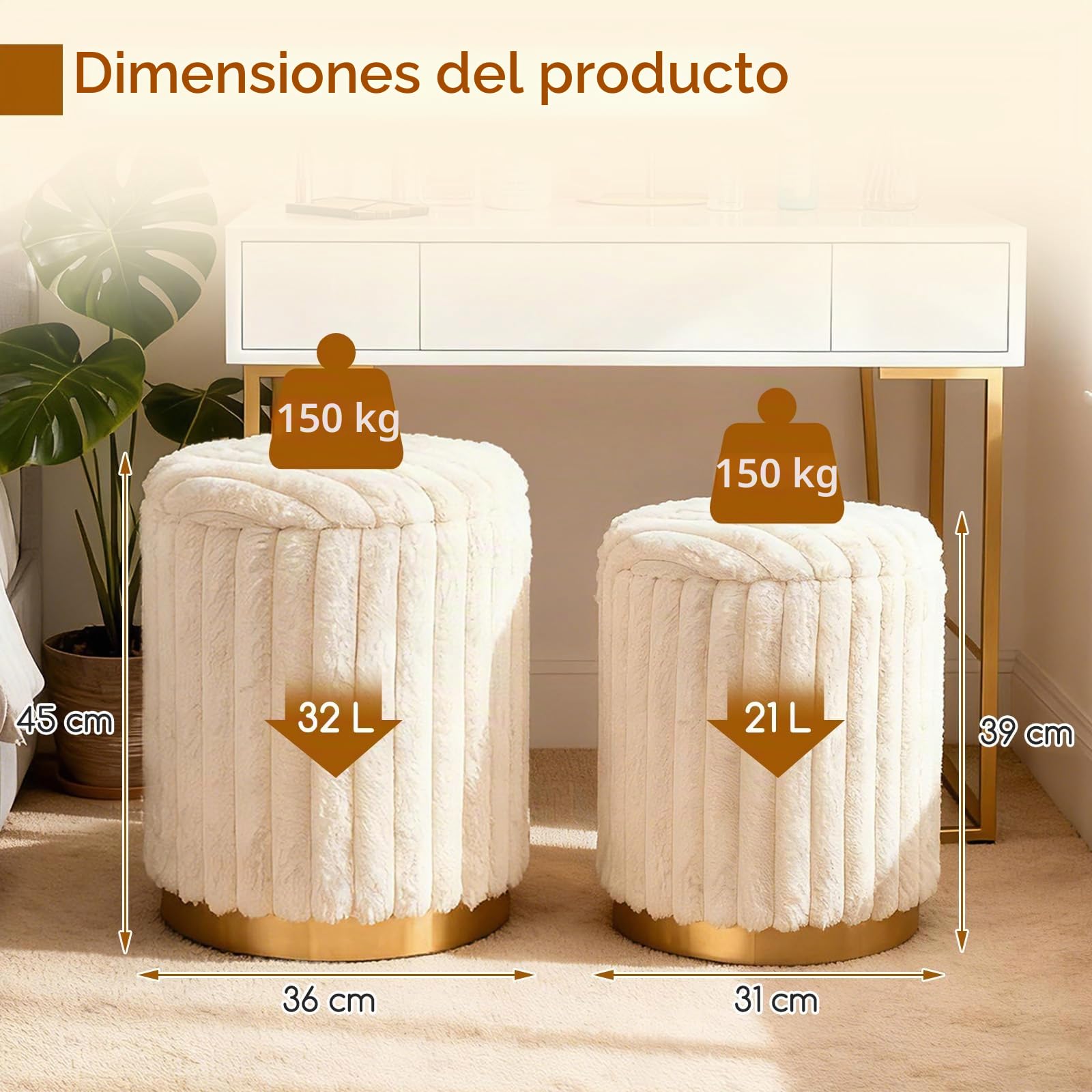 GIANTEX Juego de 2 Puffs Almacenaje 32L+21L, Taburete Otomano Redondo con Tapa, Reposapiés Tapizado de Pelo de Conejo, Diseño Apilable, para Salón, Entrada, Dormitorio, φ36 cm+φ31 cm